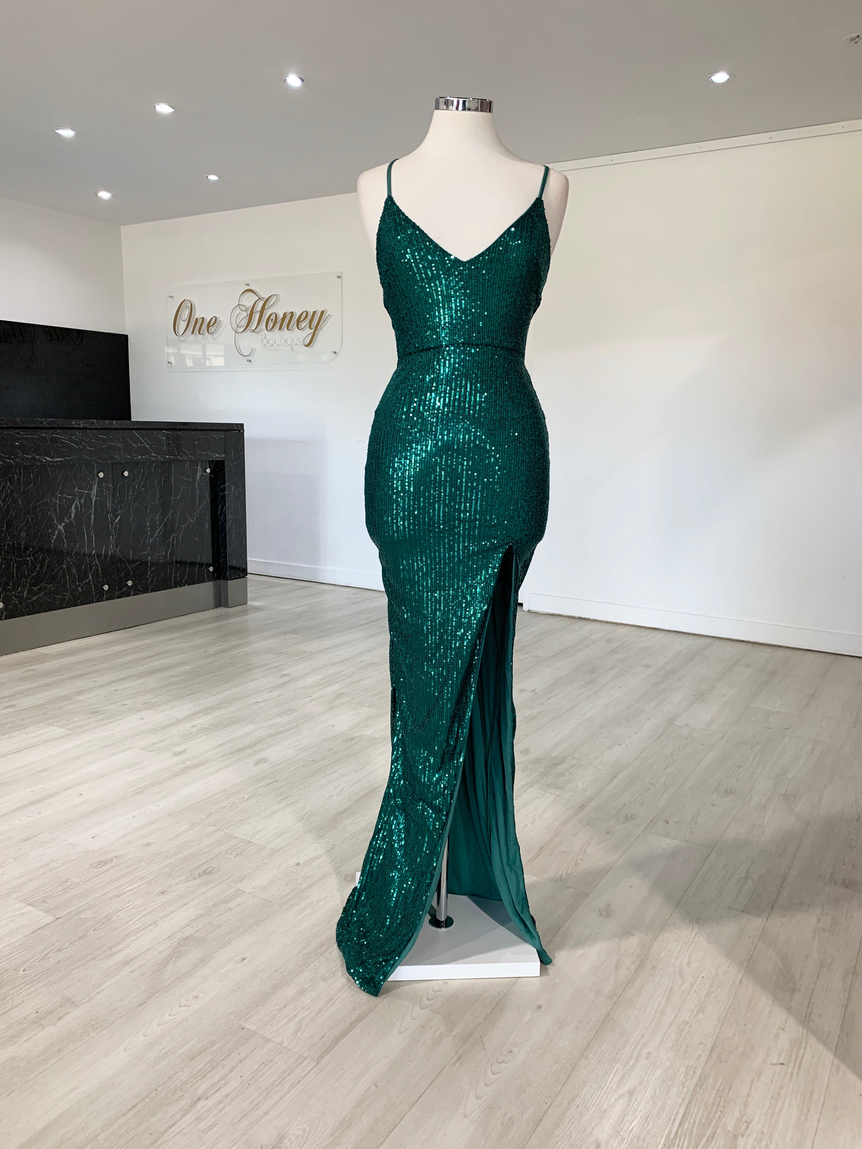 Honey Couture LUZ Emerald Green Lace Up Sequin Formal Gown Dress