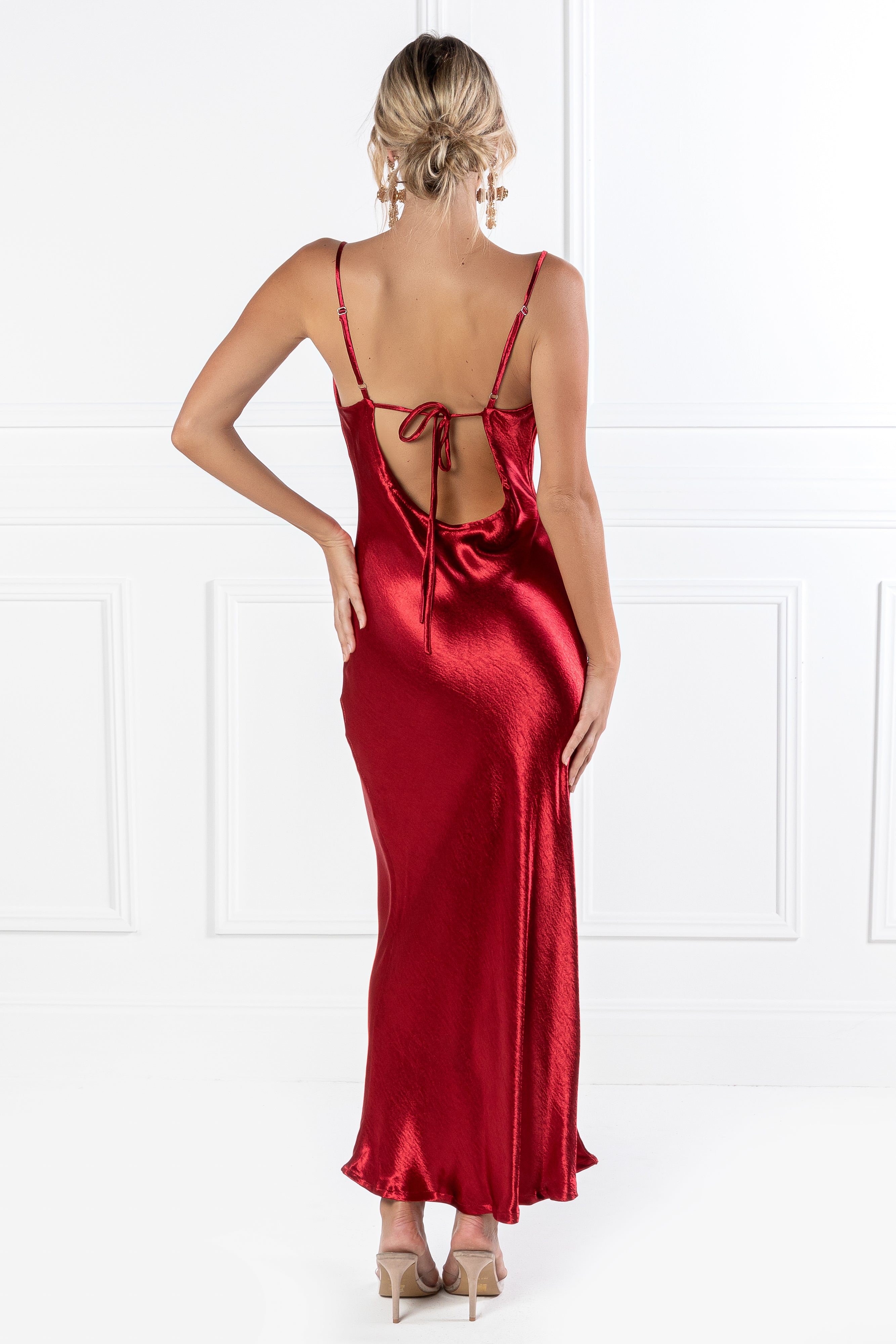 Honey Couture EVELYN Burgundy Silky Slip Formal Dress