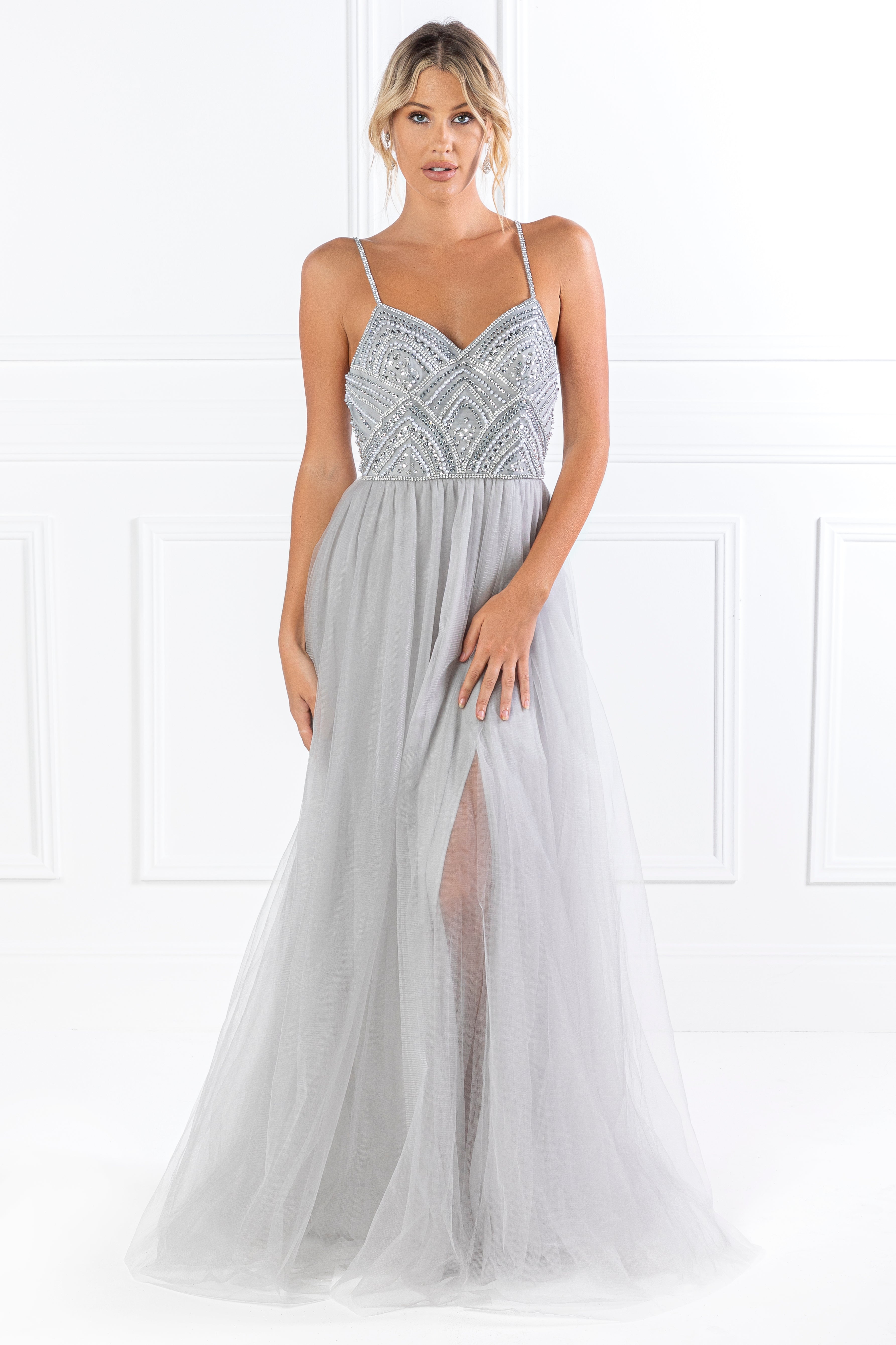 Honey Couture AINSLEY Grey Silver Crystal Beaded Tulle Formal Gown