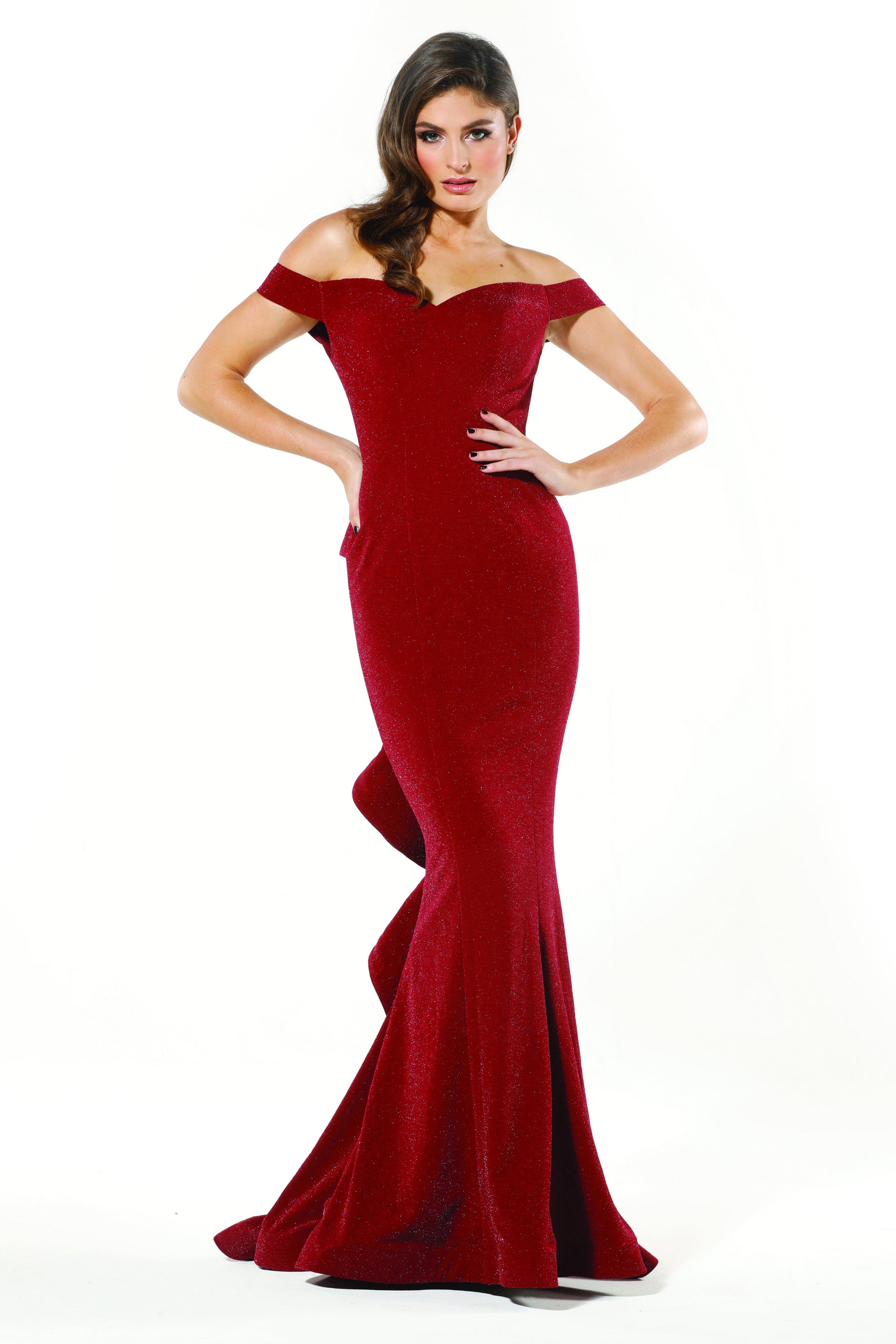 Tinaholy Couture T18117 Burgundy Jersey Off Shoulder Formal Gown