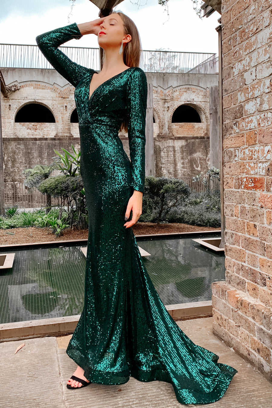 Tina Holly Couture Designer TA803 Emerald Green Long Sleeve Formal Dress