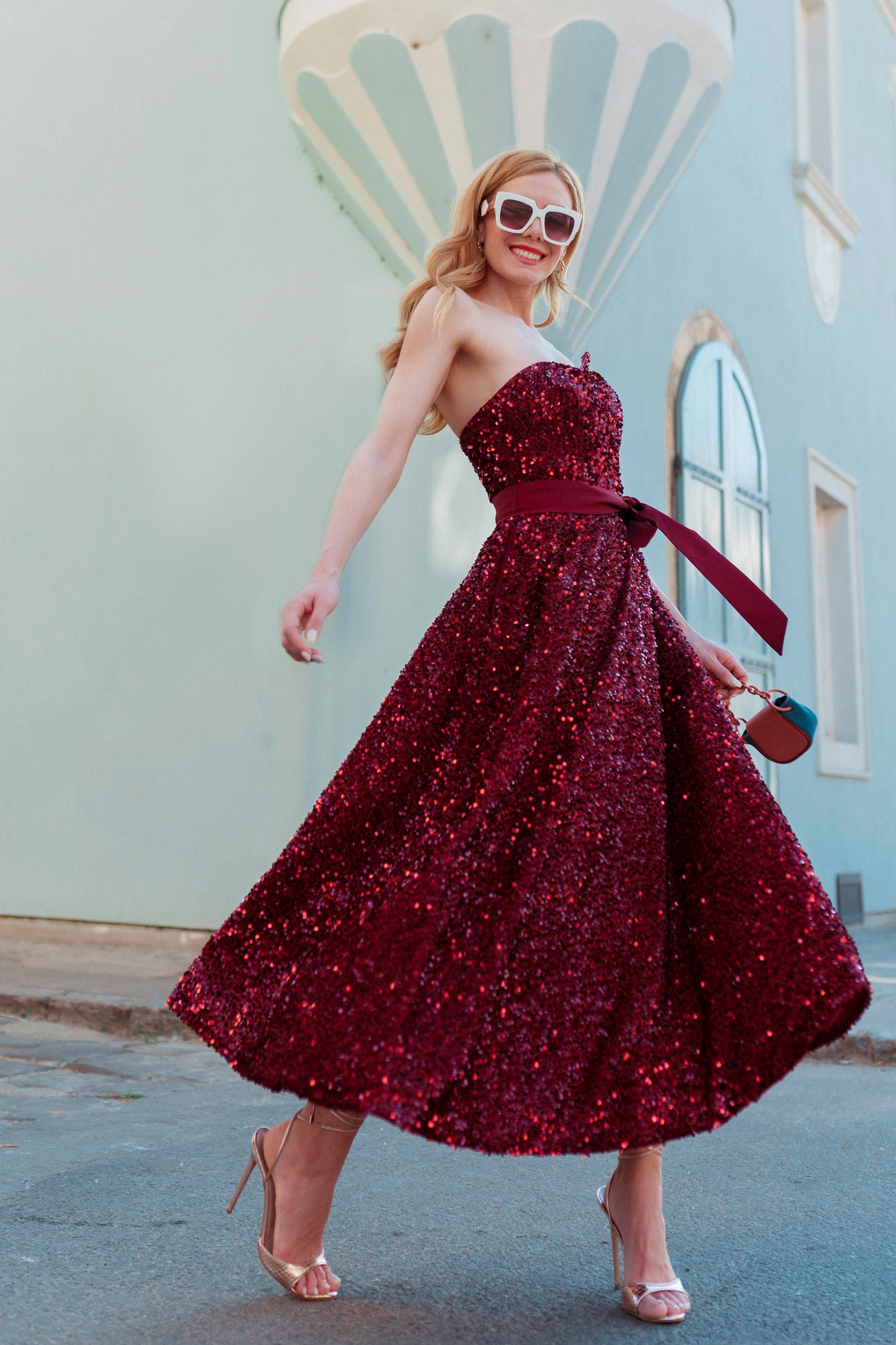 Tina Holly TK047 Burgundy Sequin With A Strapless Neckline A line Midi