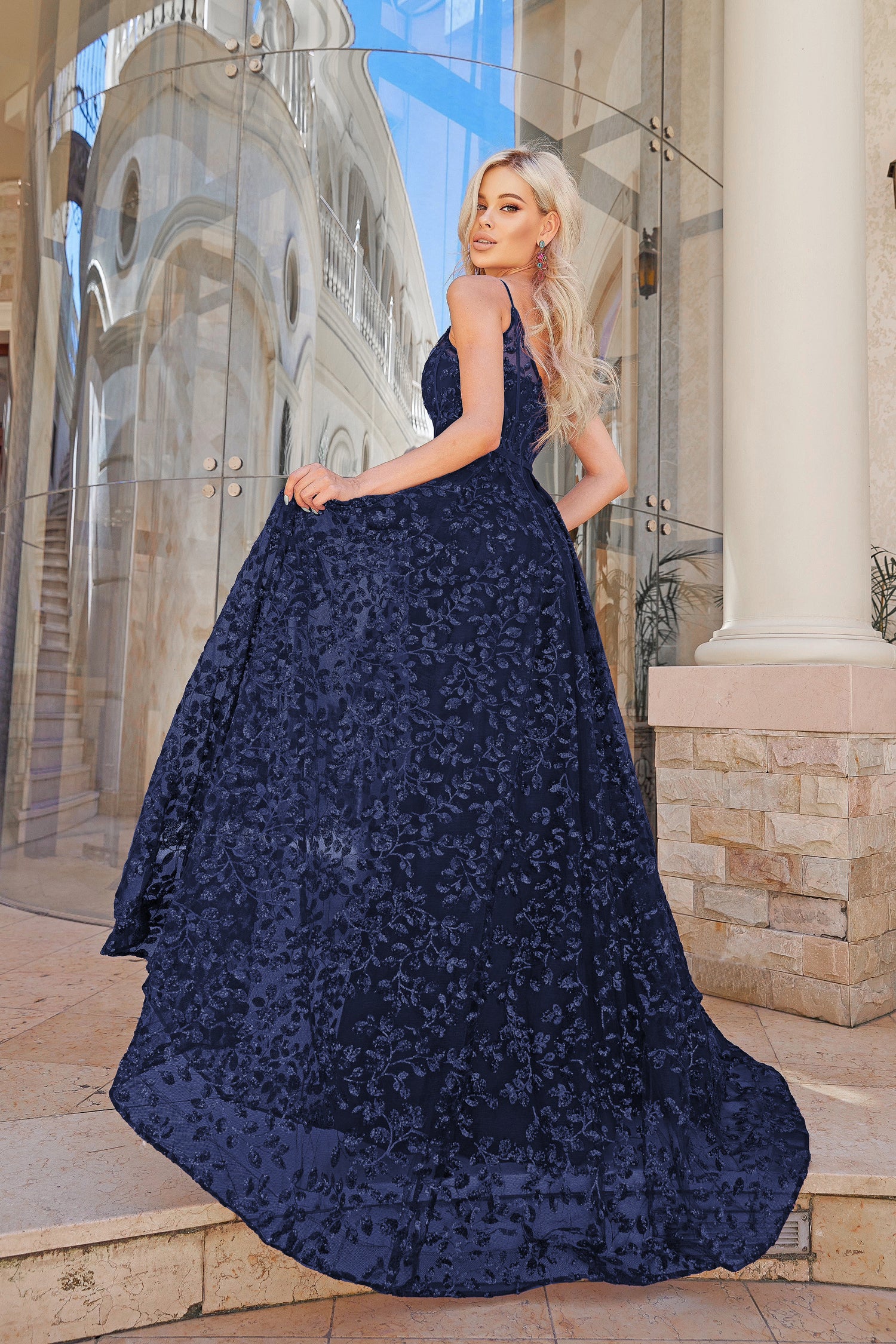 Rosemore Navy Blue Sequined & Glitter Tulle 3/4 high quality Sleeve Formal A-line Gown 10