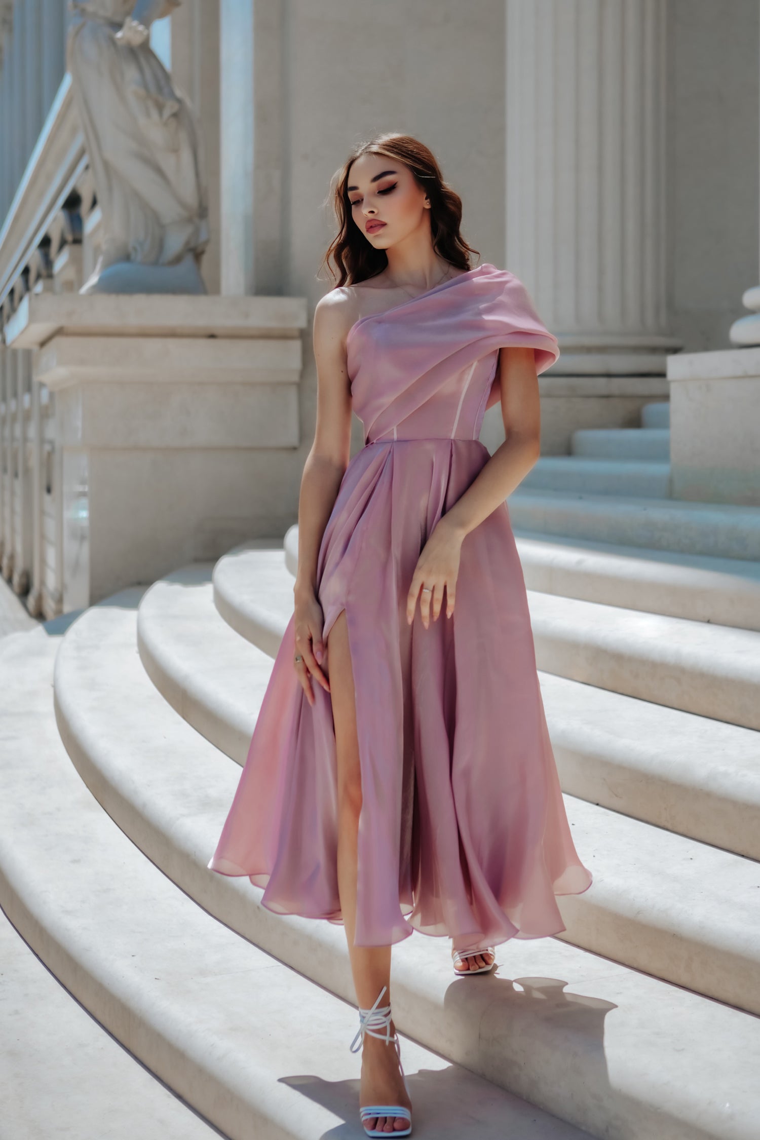 Tina Holly Couture TK315 Musk Silk Satin One Shoulder Pleated Draped Sleeve With An A Line Skirt Formal Dress