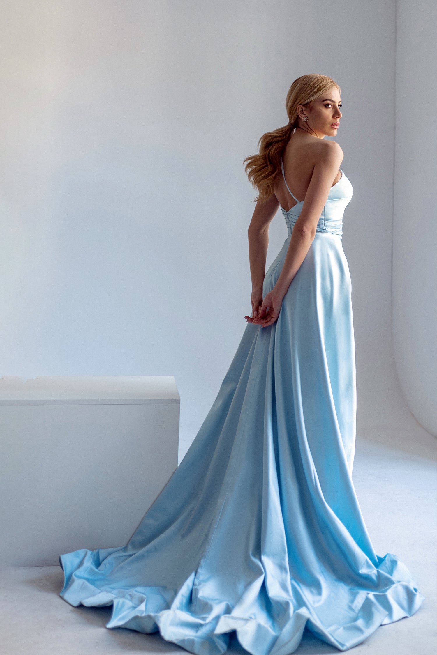 Tina Holly Couture TK888 Ice Blue Silk Satin Asymmetrical Neck Line Wi