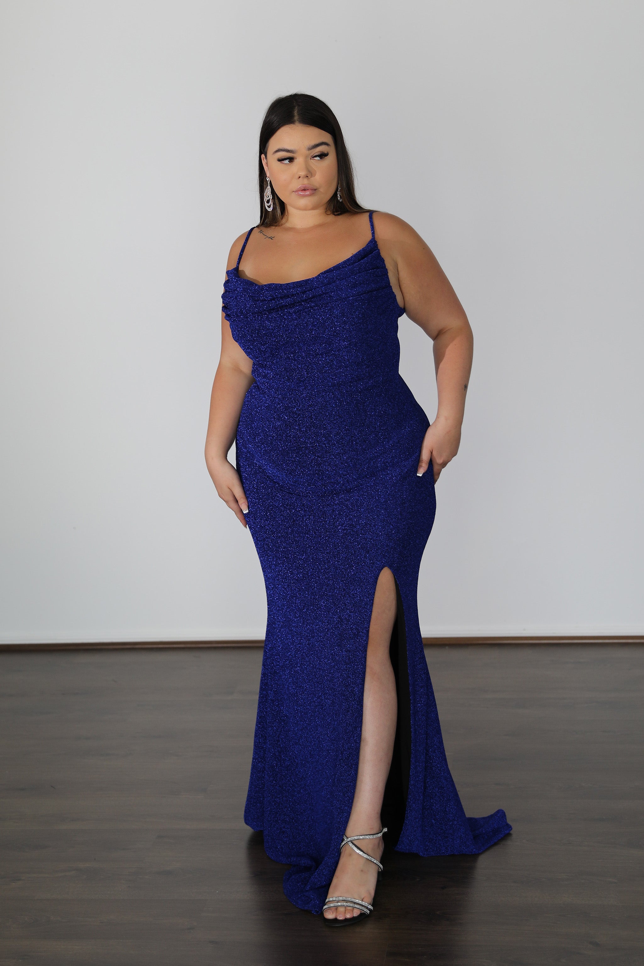 blue formal dress with cowl neckline and thigh split