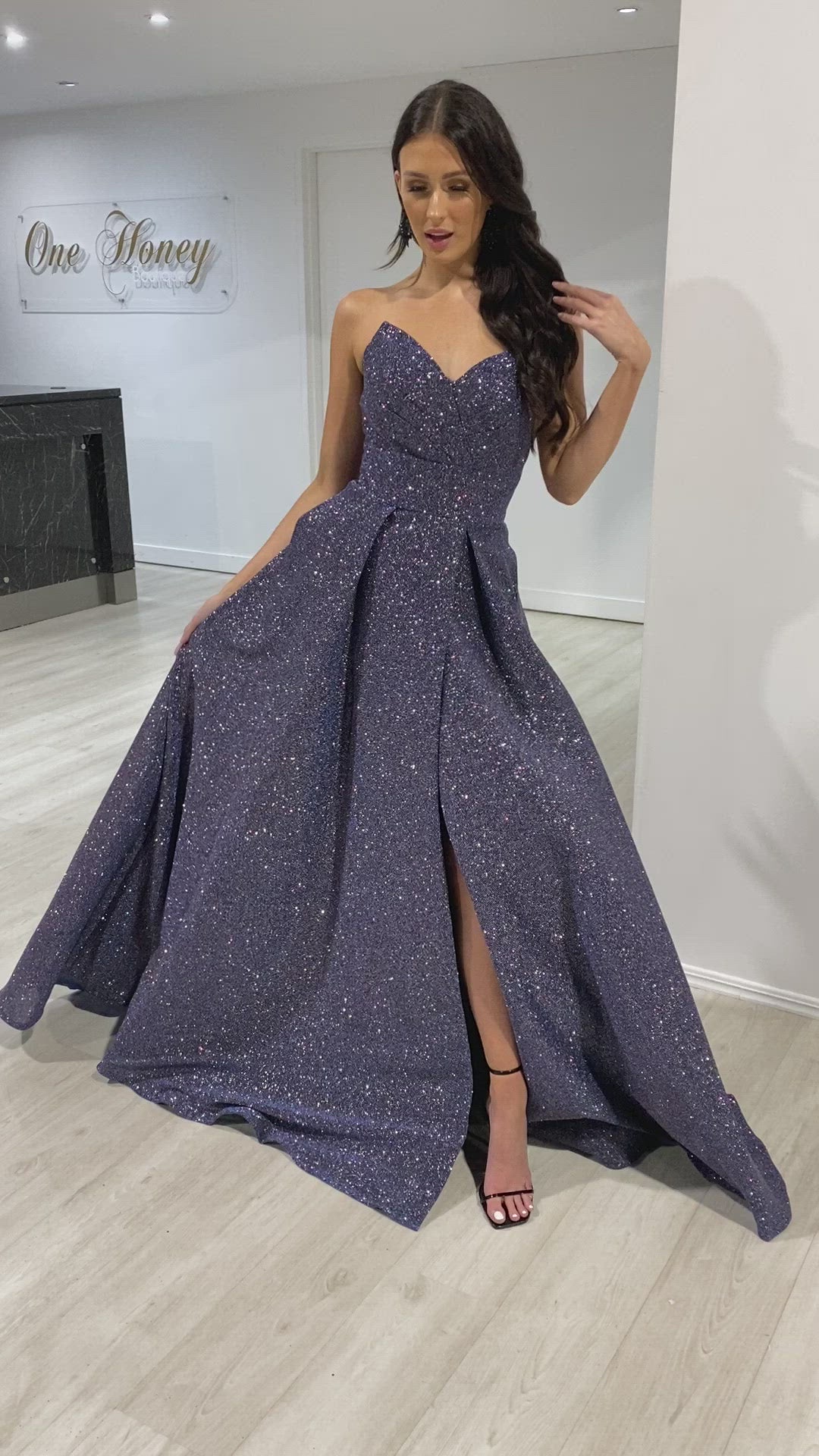 Honey Couture POLLY Midnight Blue Glitter Shimmer Strapless Ballgown Formal Dress