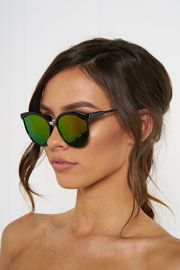 Honey Couture MAGGIE Black Frame Green Reflective Sunglasses Honey Couture Sunglasses$ AfterPay Humm ZipPay LayBuy Sezzle