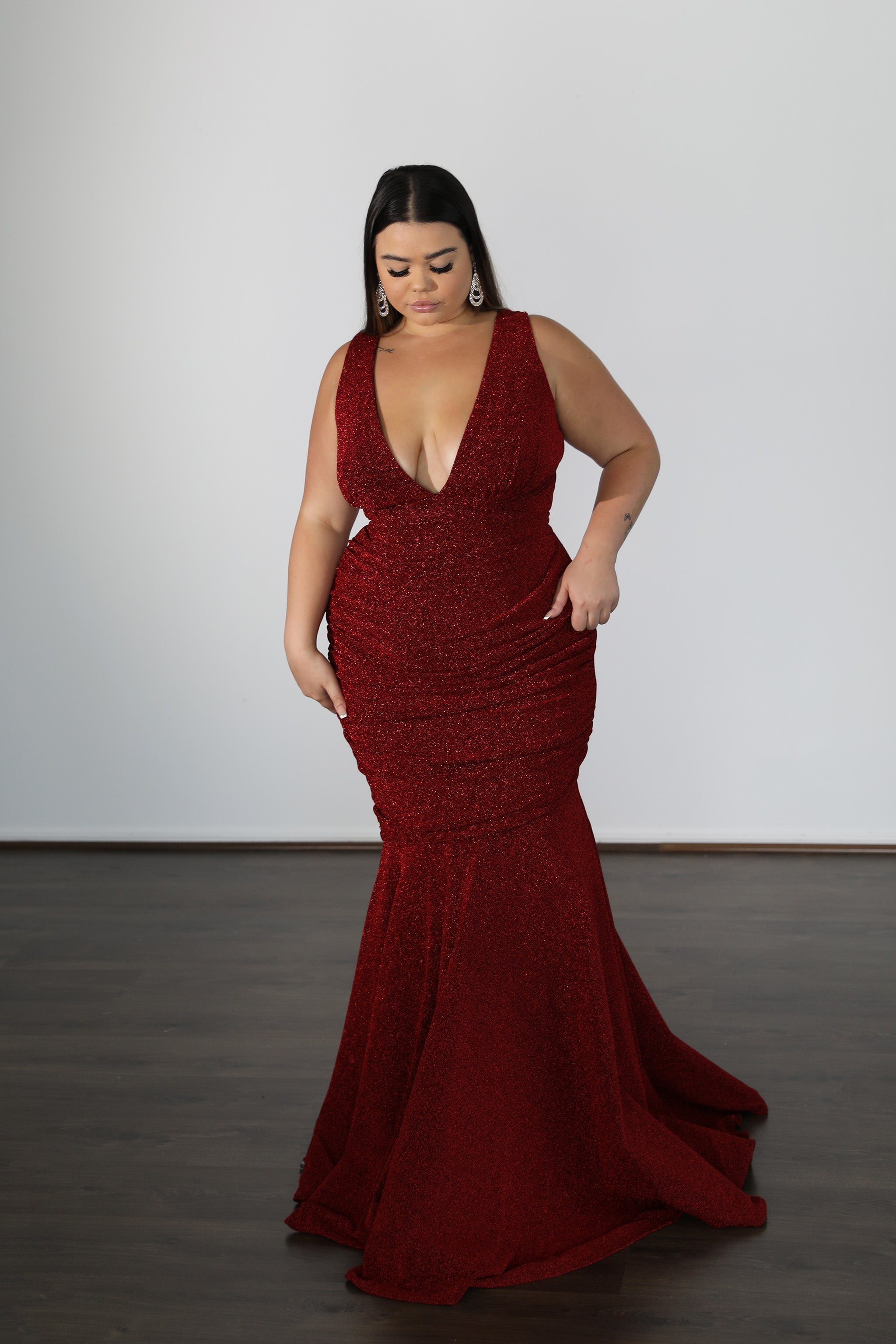 fitted mermaid formal dress in red glittery sparkle fabric