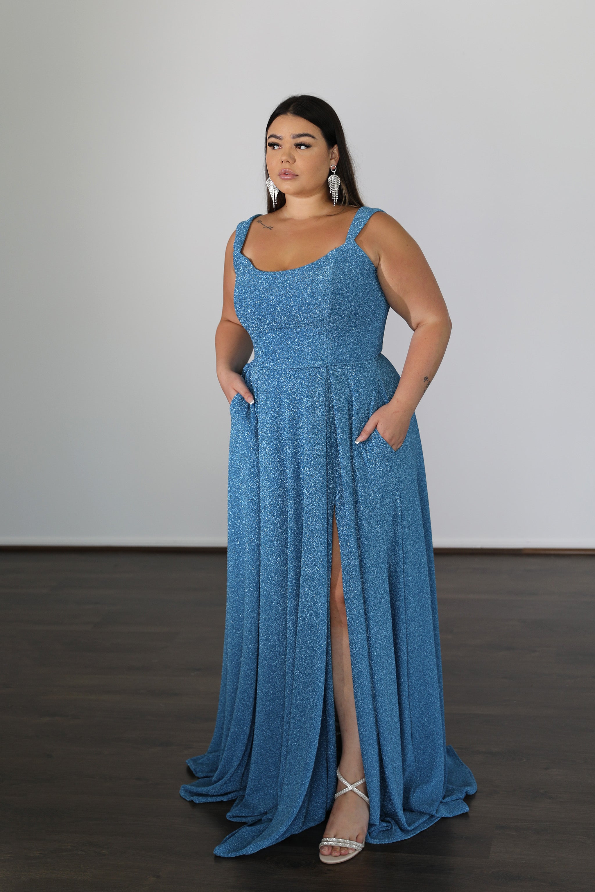 flowing sky blue formal dress with thigh split