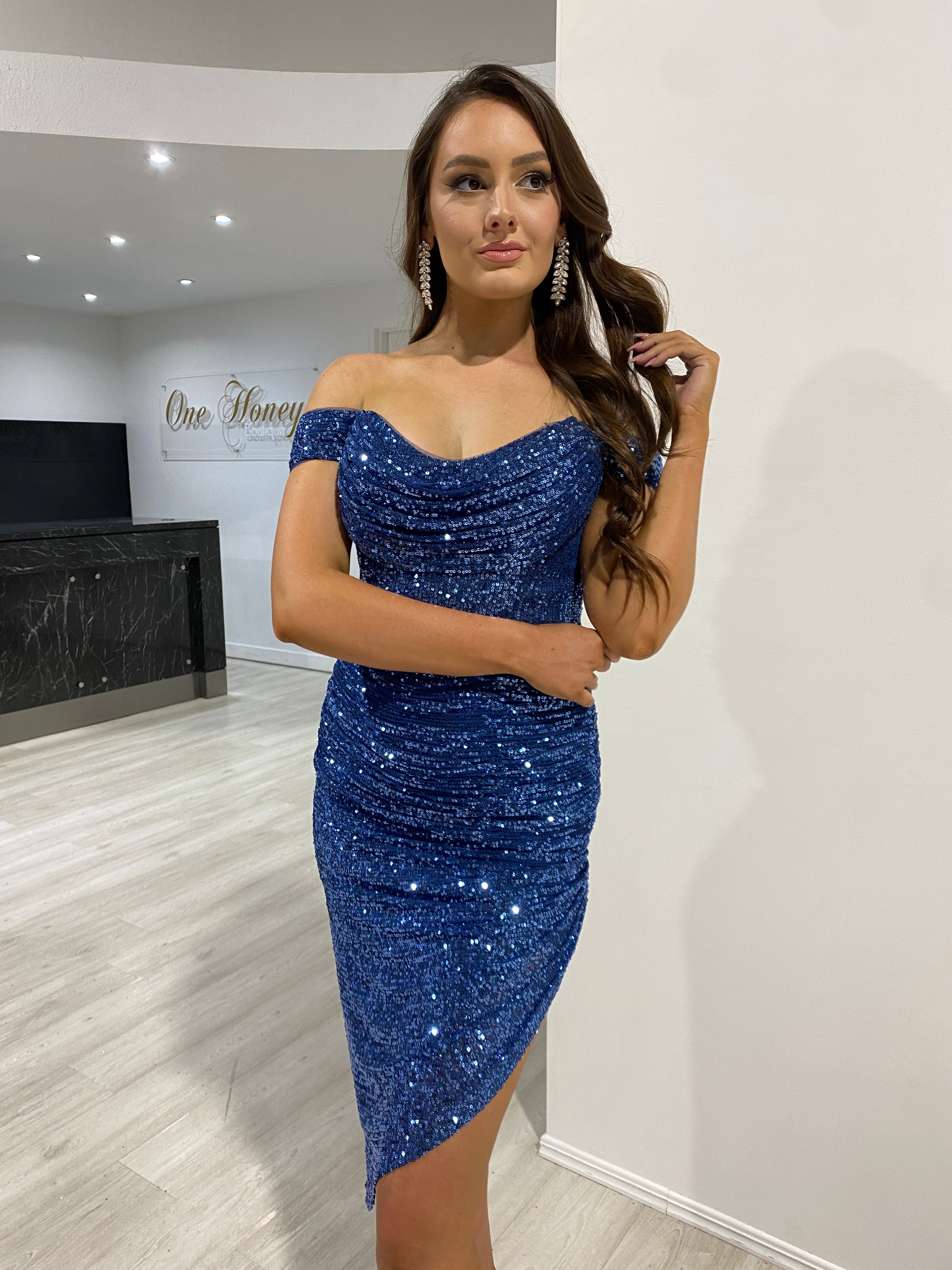 Blue sequin shop off shoulder dress