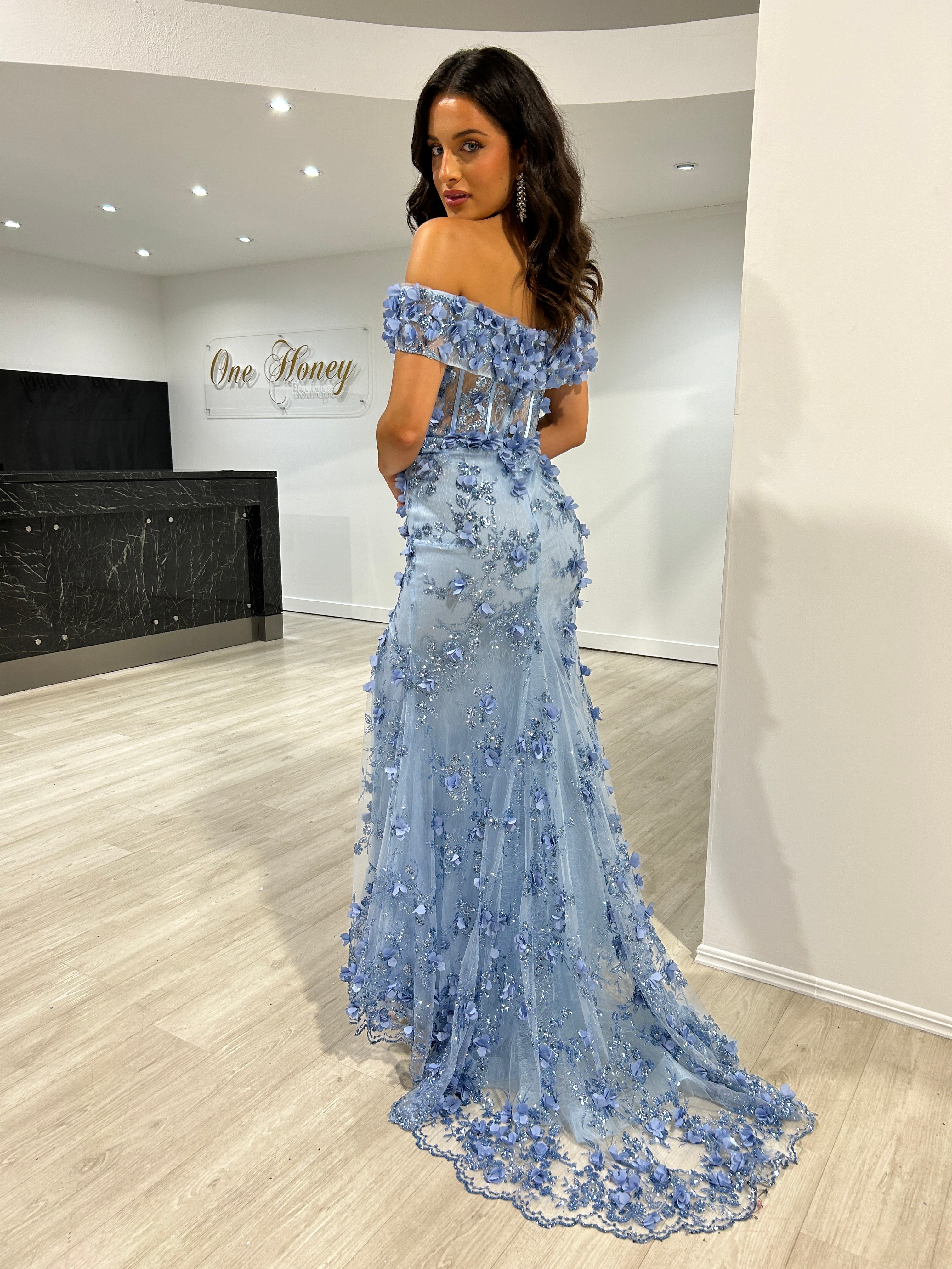 Honey Couture LARRISA Paris Blue Glitter off the Shoulder Mermaid Form