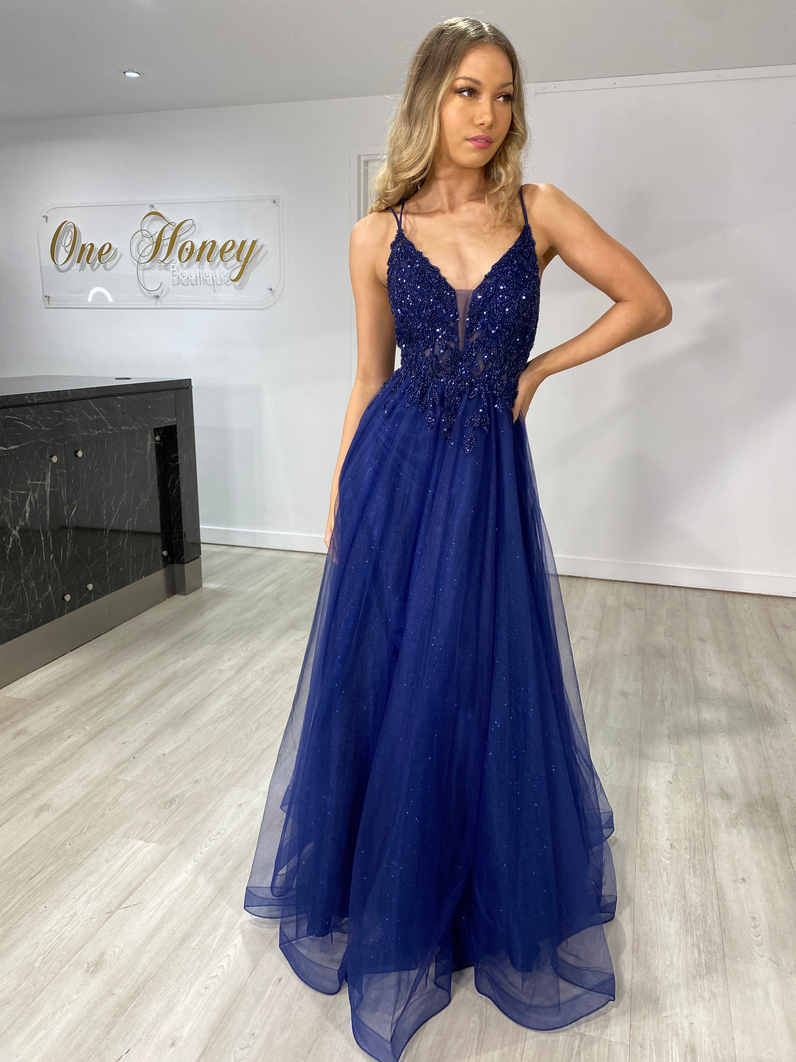 Honey Couture REAGAN Blue Beaded Crystal Tulle Ball Gown Formal Dress