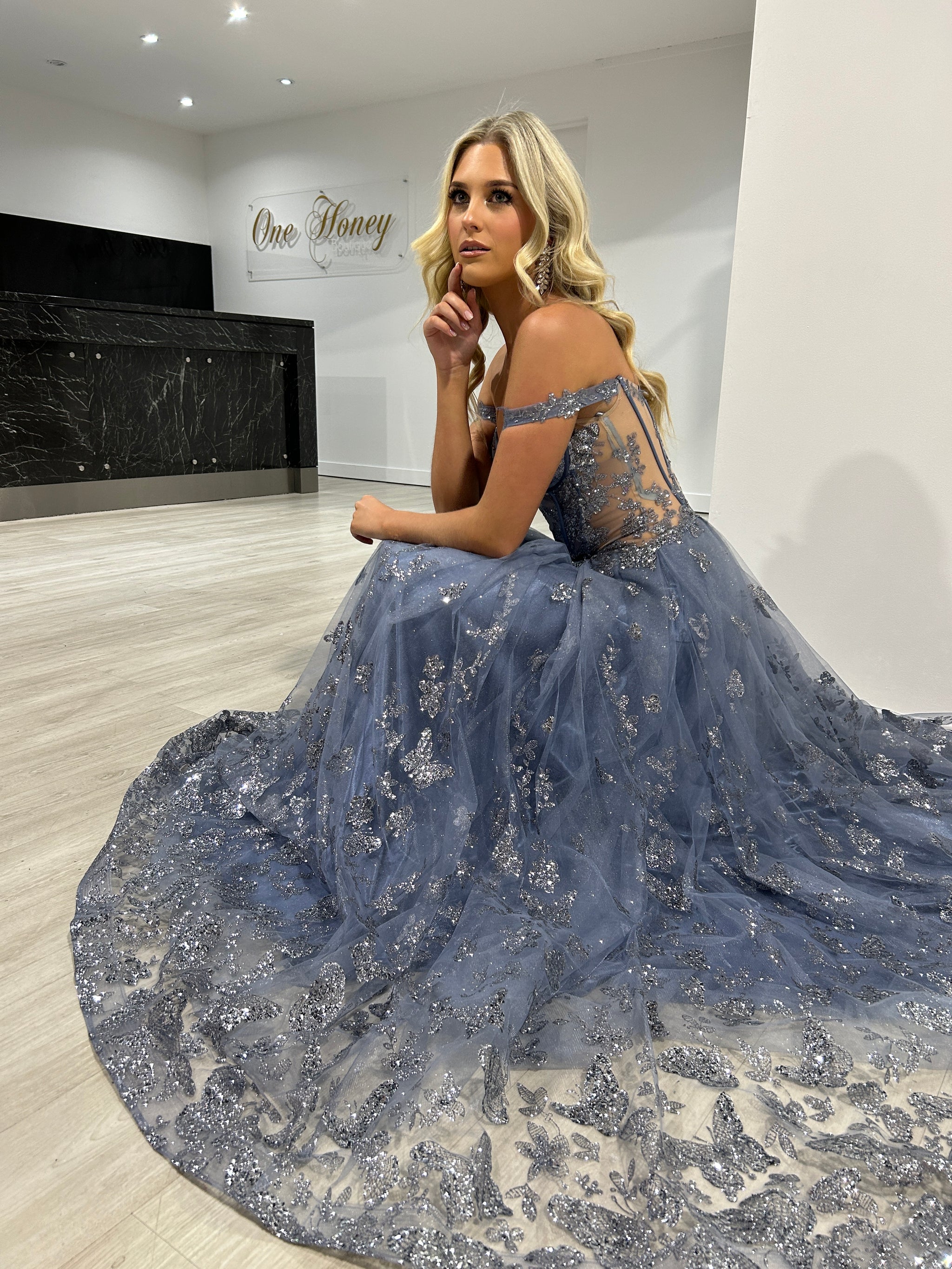 Honey Couture MIST Smokey Blue Glitter Off The Shoulder A-Line Formal