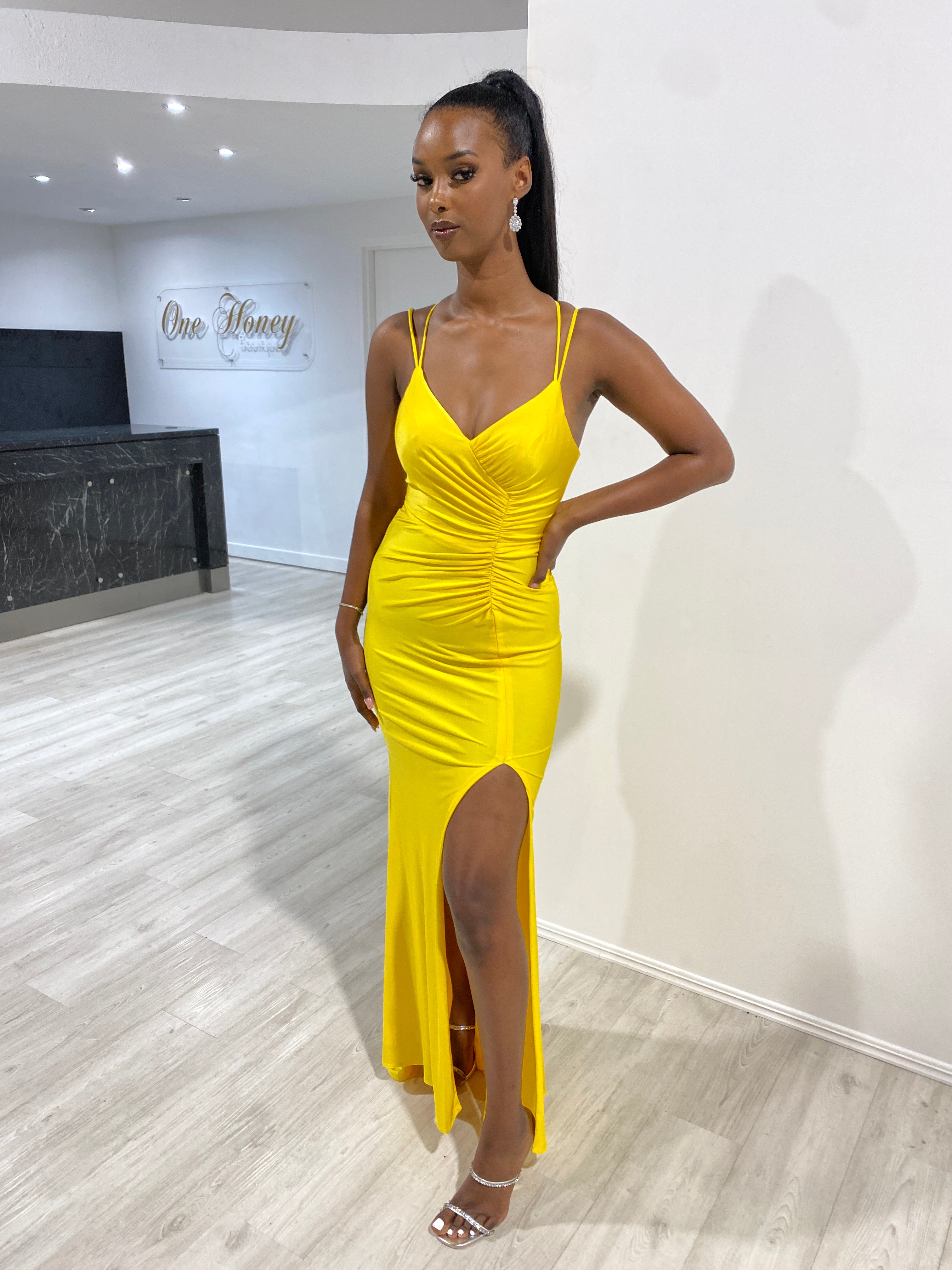 Yellow store ruched dress