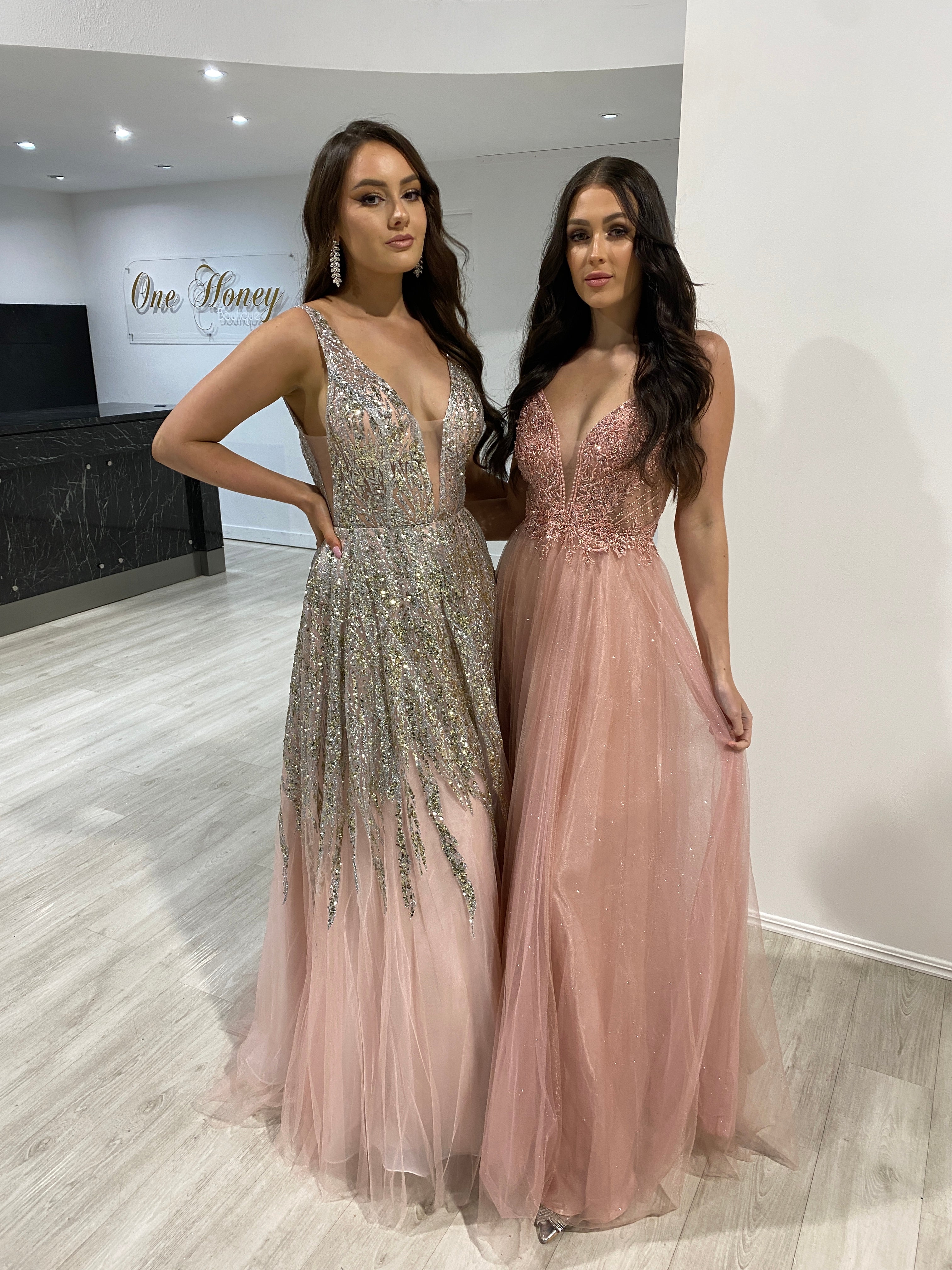 Blush and clearance gold prom dress