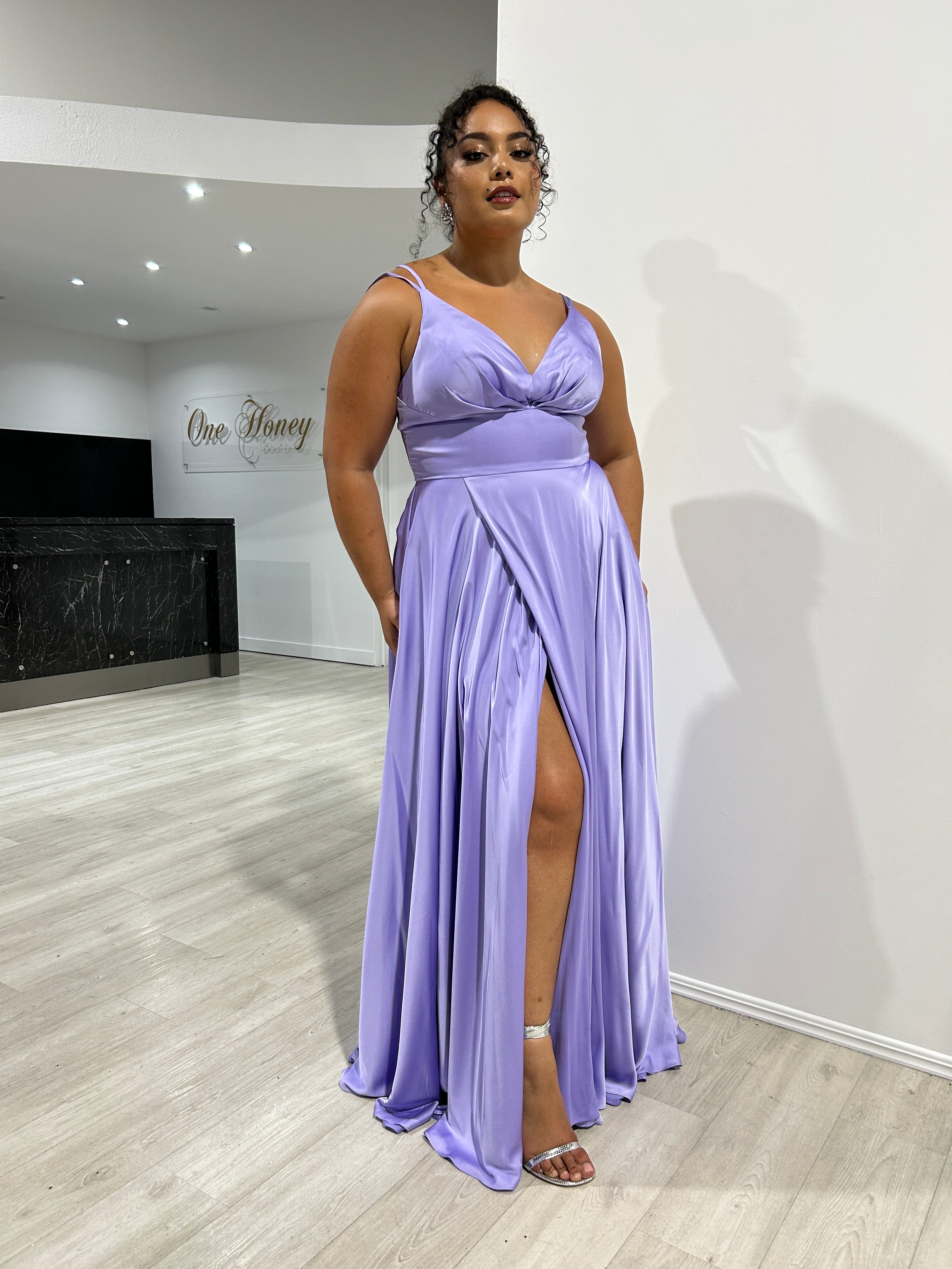 Honey Couture ROSALIA Curve Lavender Silky A Line Formal Dress