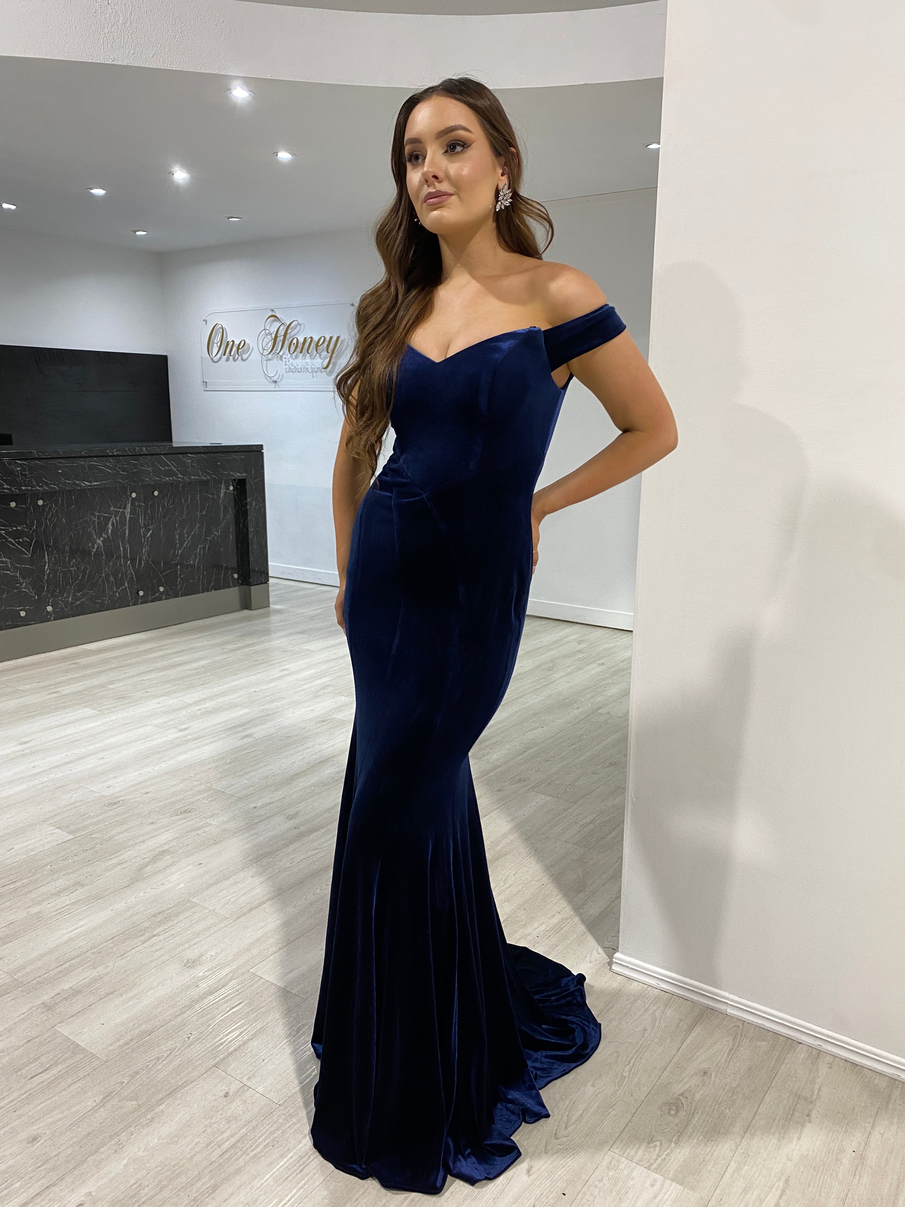 INGRID Off the Shoulder Velour Mermaid Formal Dress