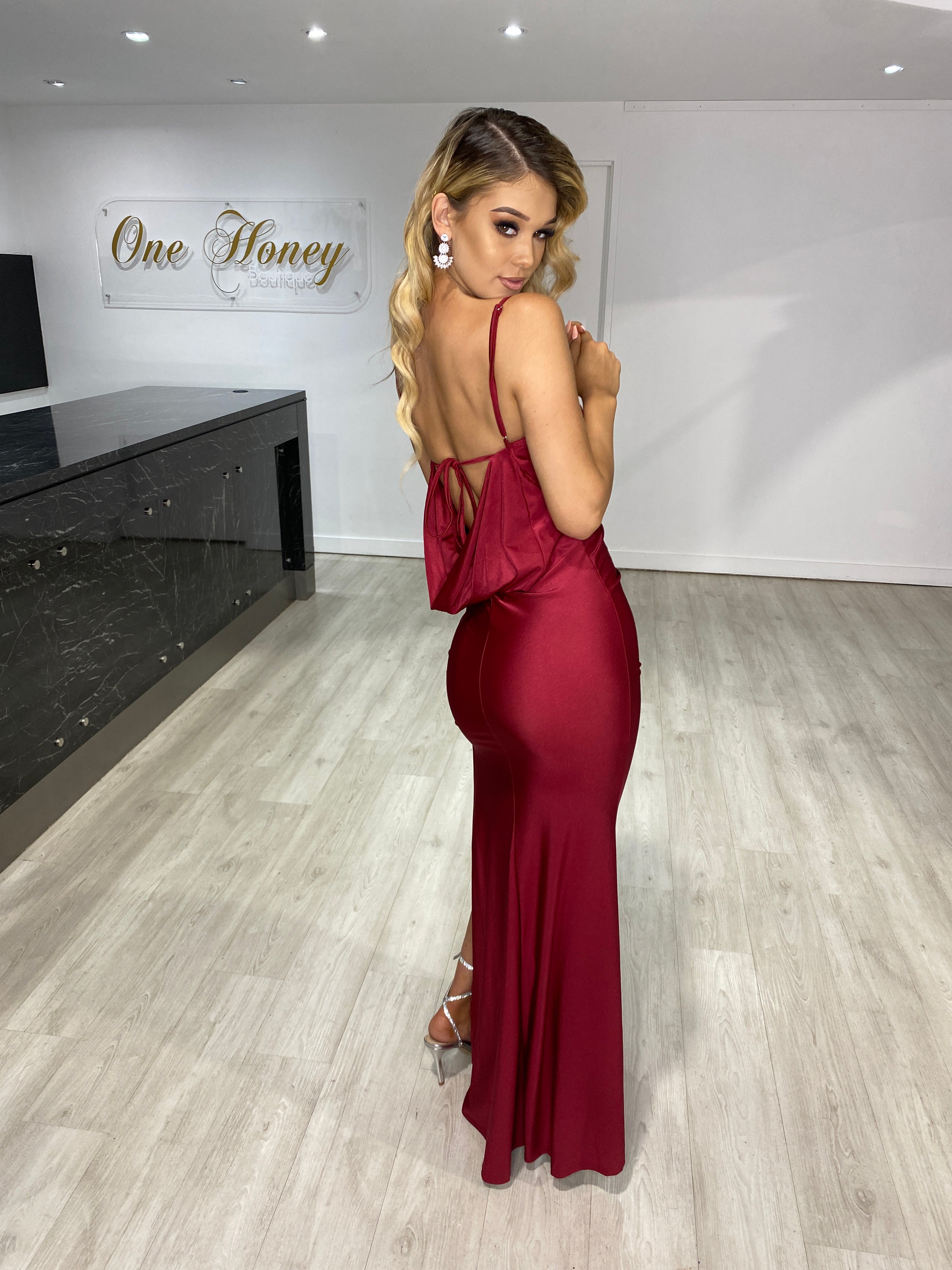 Honey Couture HARLOW Burgundy Cowl Neck Formal Dress