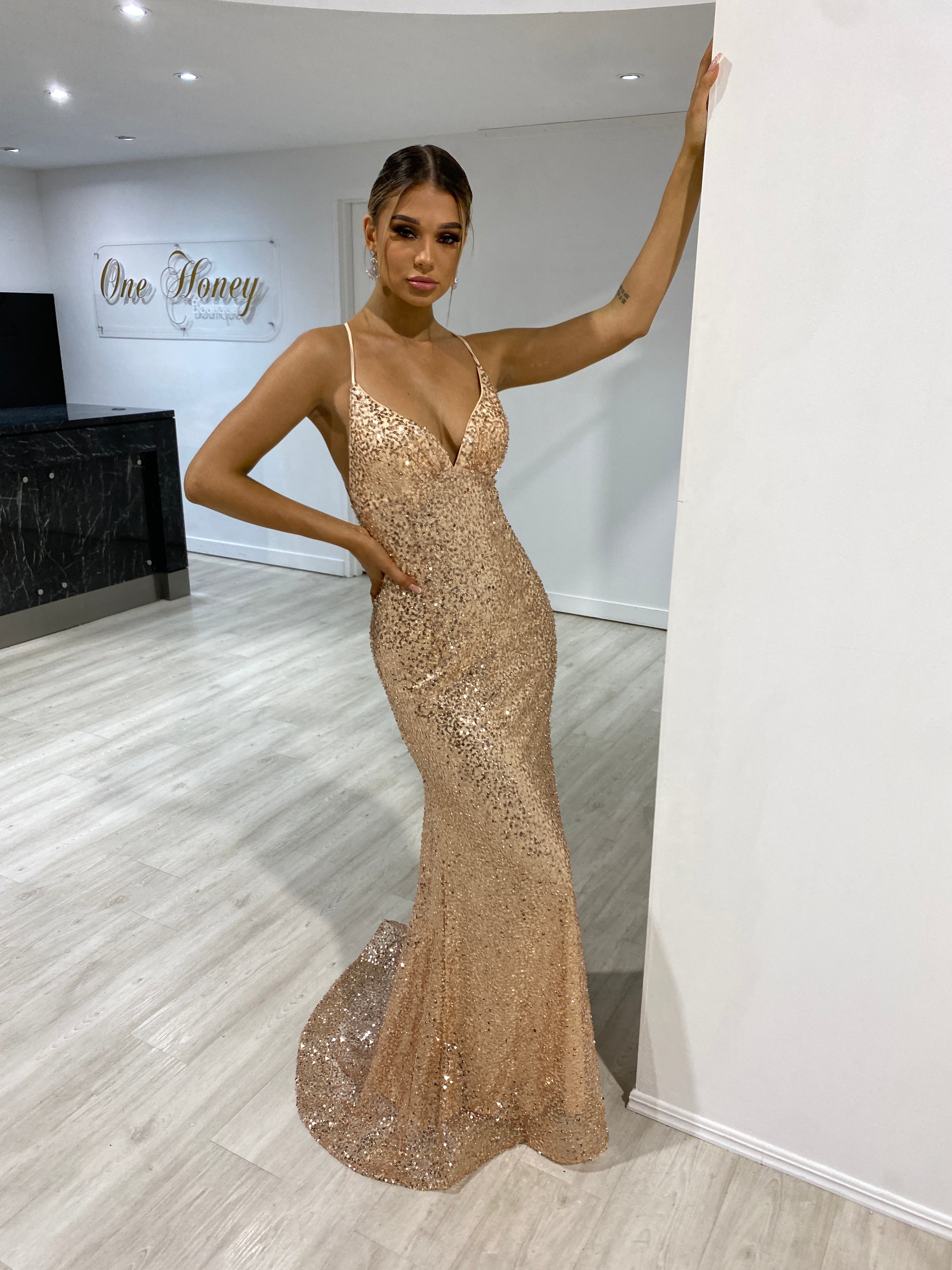 Gold sequin cheap evening dress