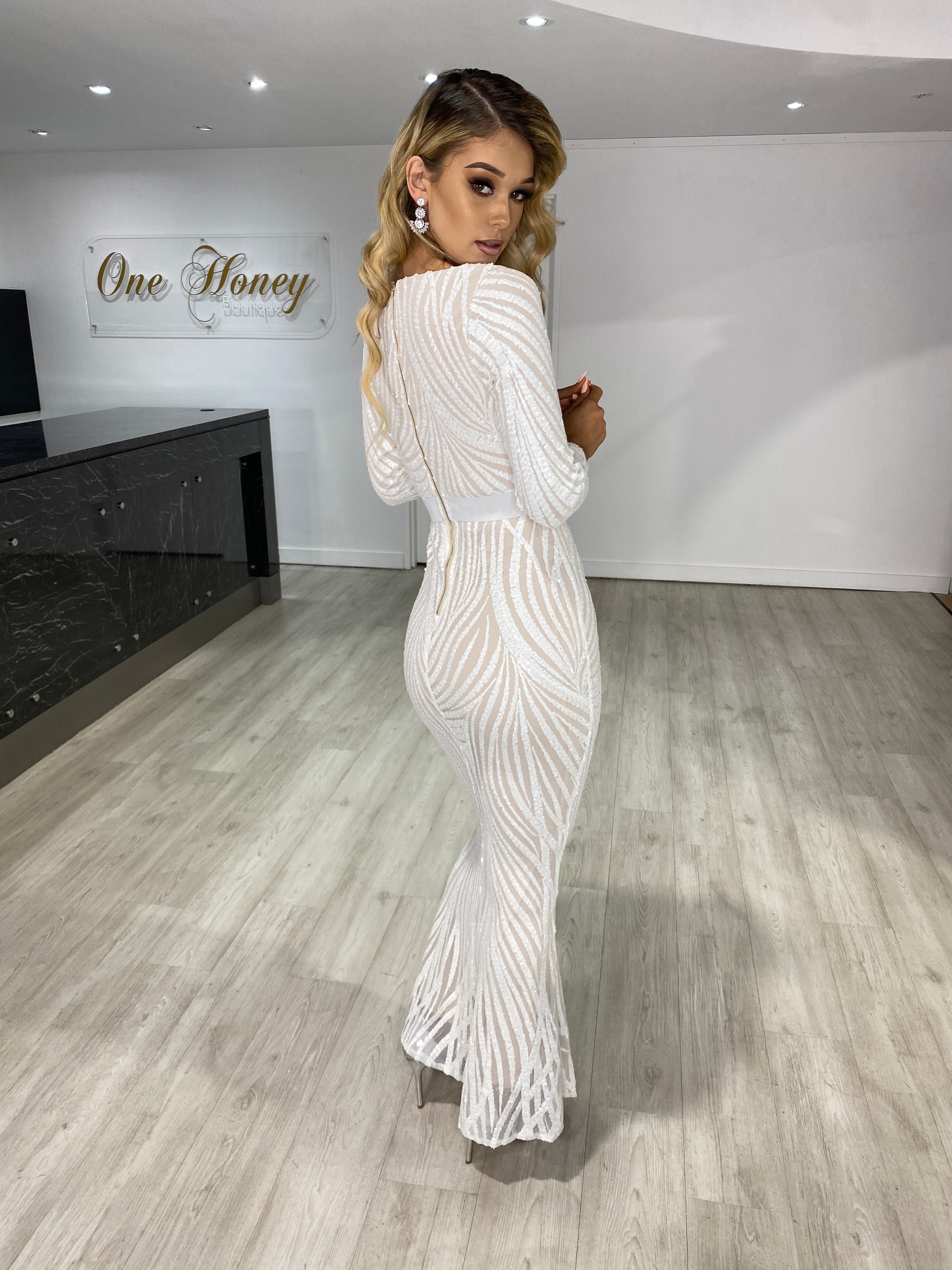 Honey Couture NADA White Nude Long Sleeve Formal Dress