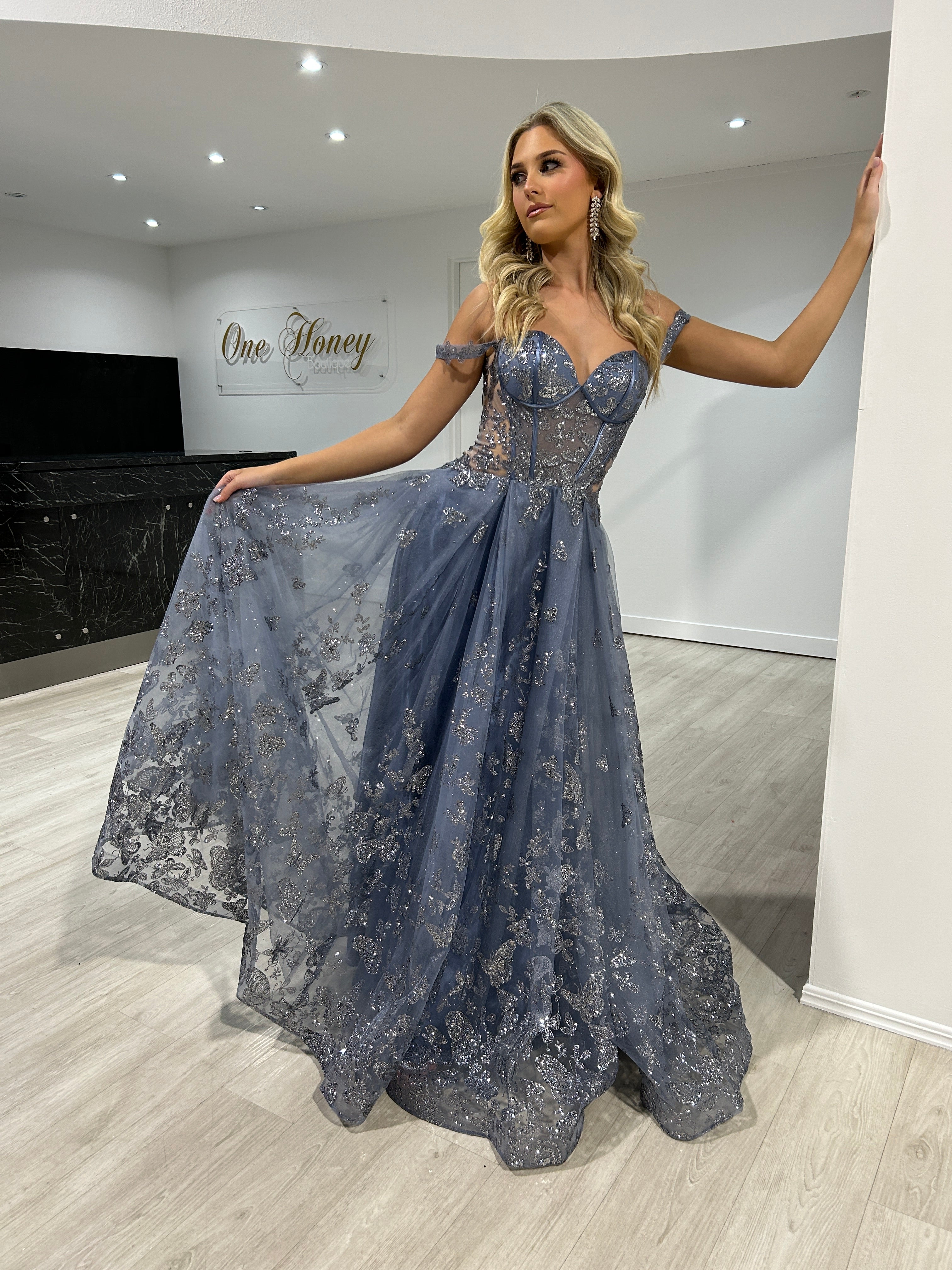 Honey Couture MIST Smokey Blue Glitter Off The Shoulder A Line Formal Dress