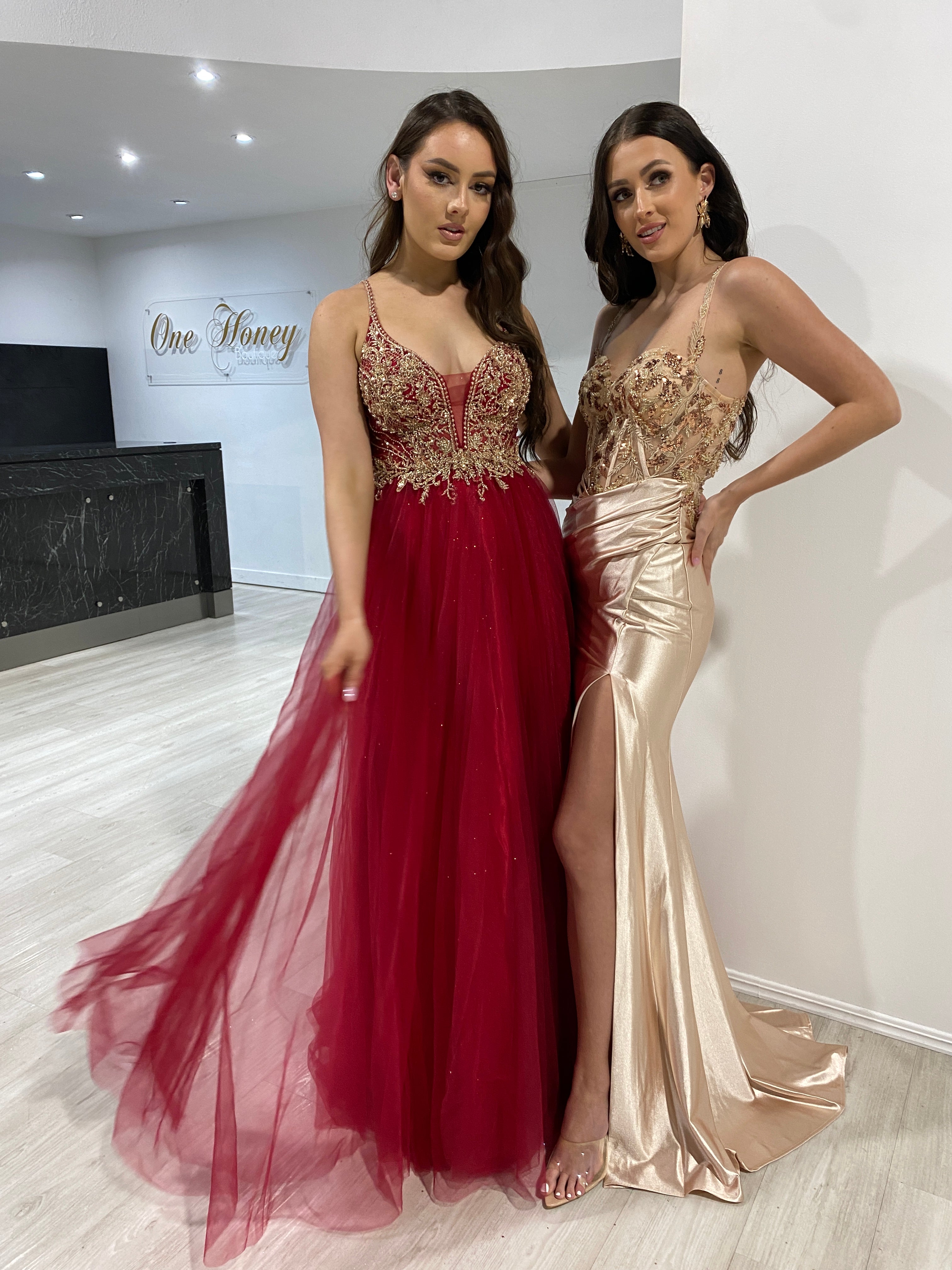 Burgundy and gold prom dresses hotsell