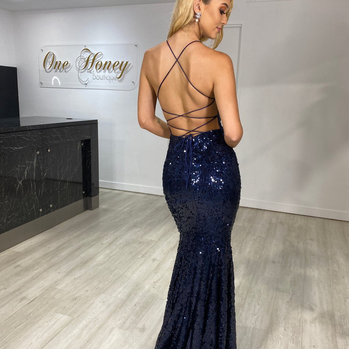 MELINA Navy Blue Sequin Glitter Knit Formal Dress