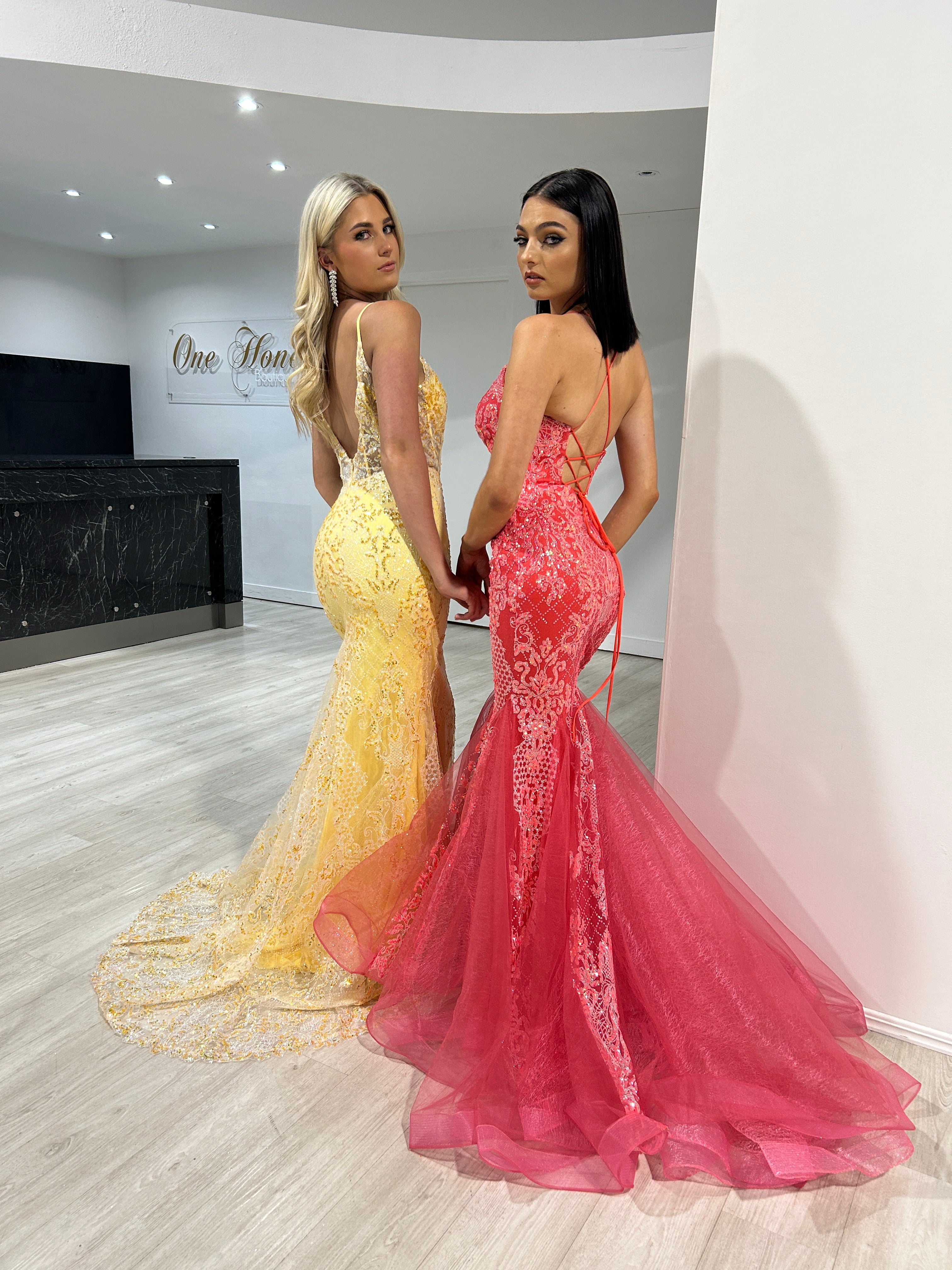 Yellow Prom School Formal Dresses Low Back Mermaid Gown One Honey