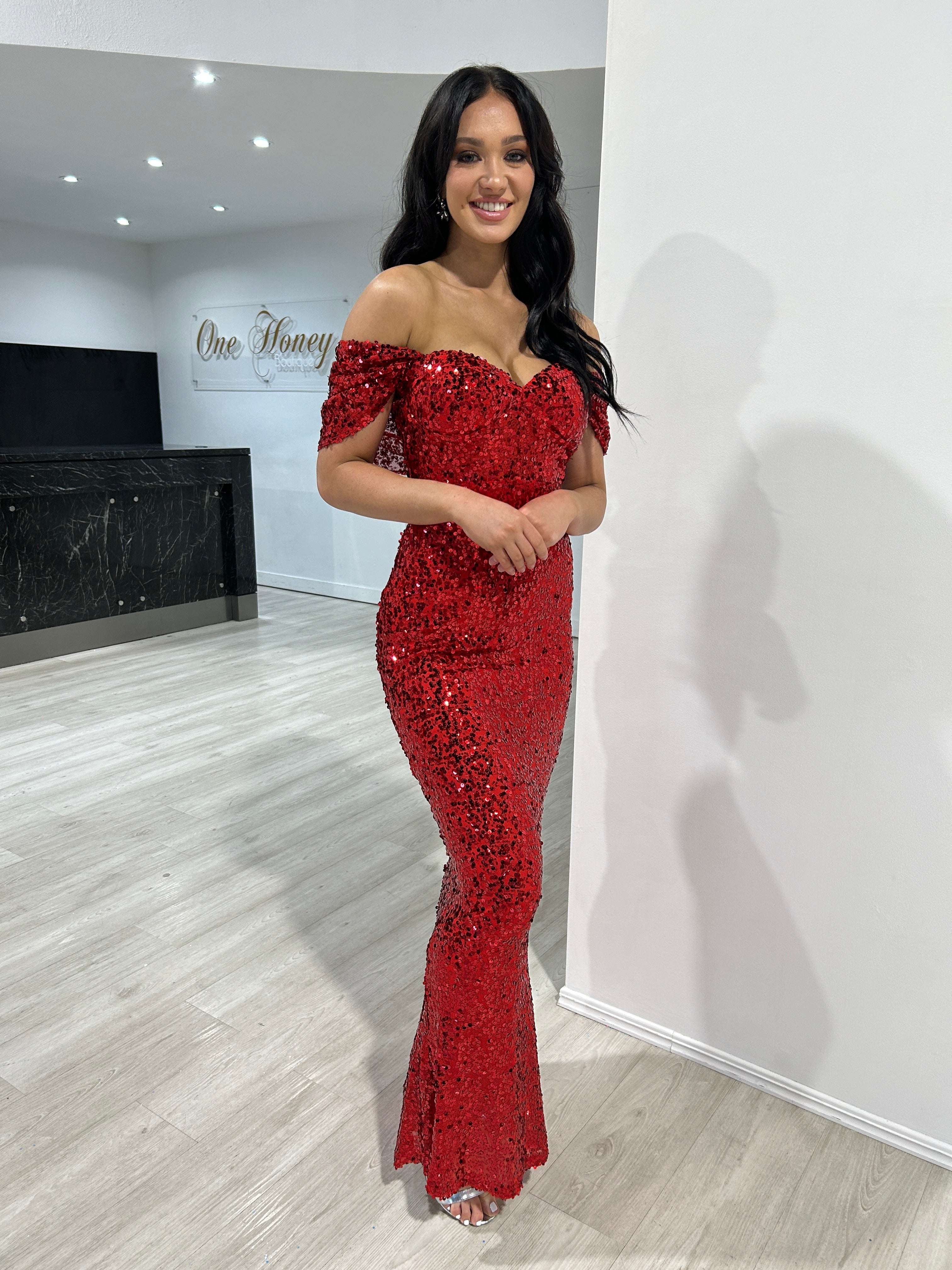 Honey Couture COLLEN Red Off The Shoulder Mermaid Evening