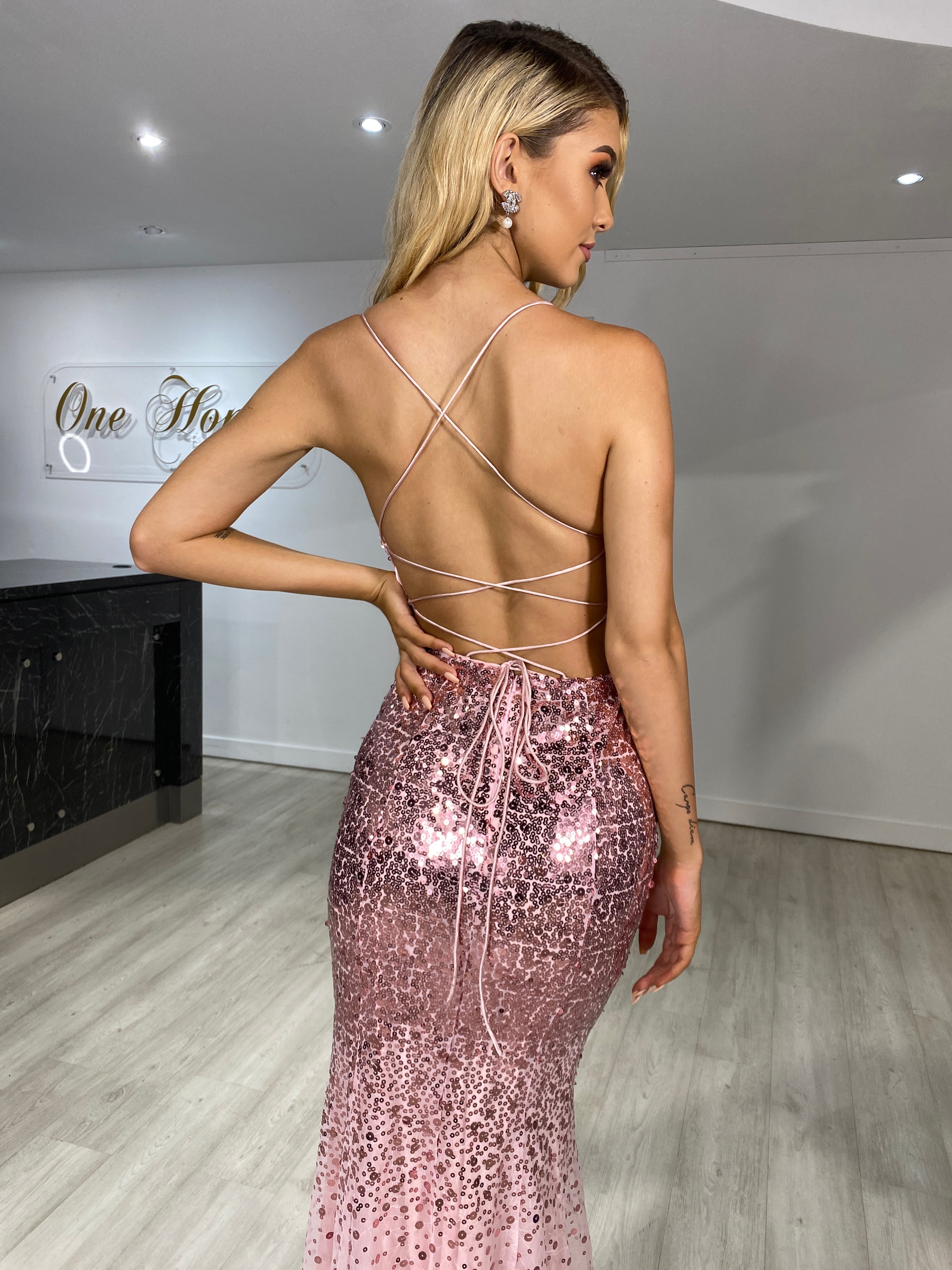 Pink sequin shop backless dress