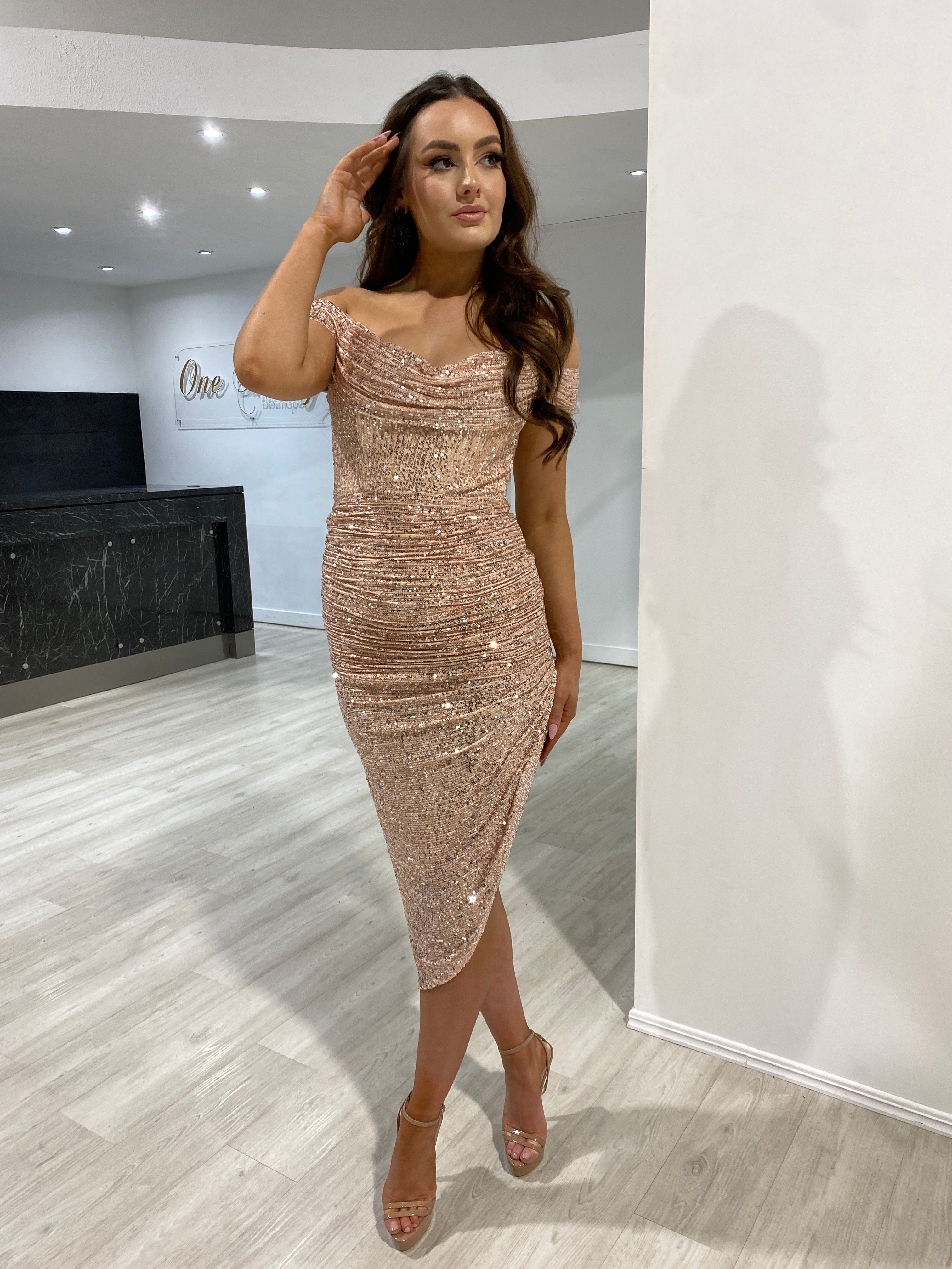 Gold midi shop cocktail dress