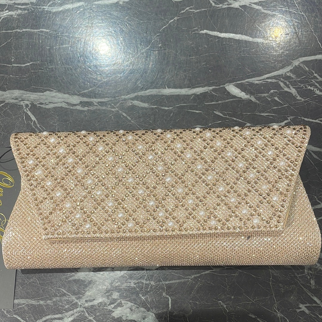 Honey Couture Rose Gold CIARISA Shimmer With a Pearl and Diamanté Front Clutch Bag