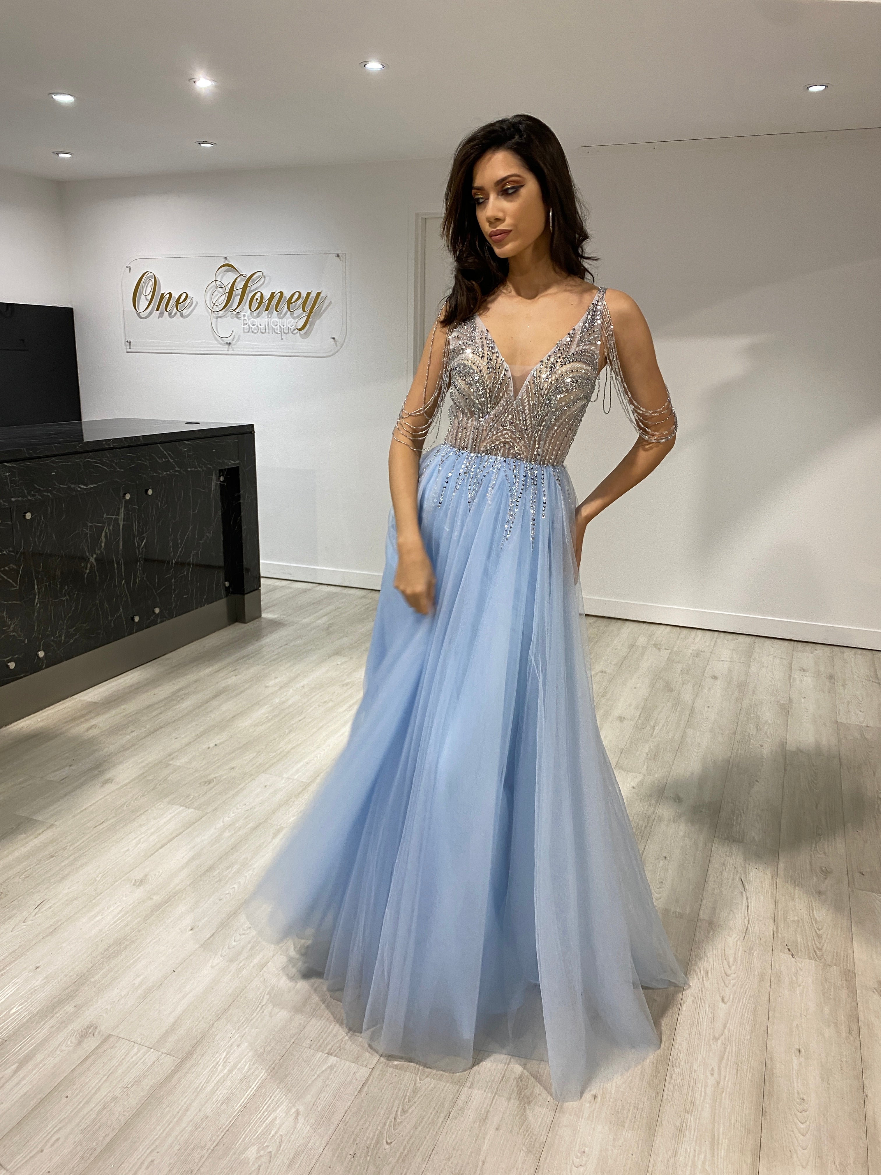 Light blue beaded store gown