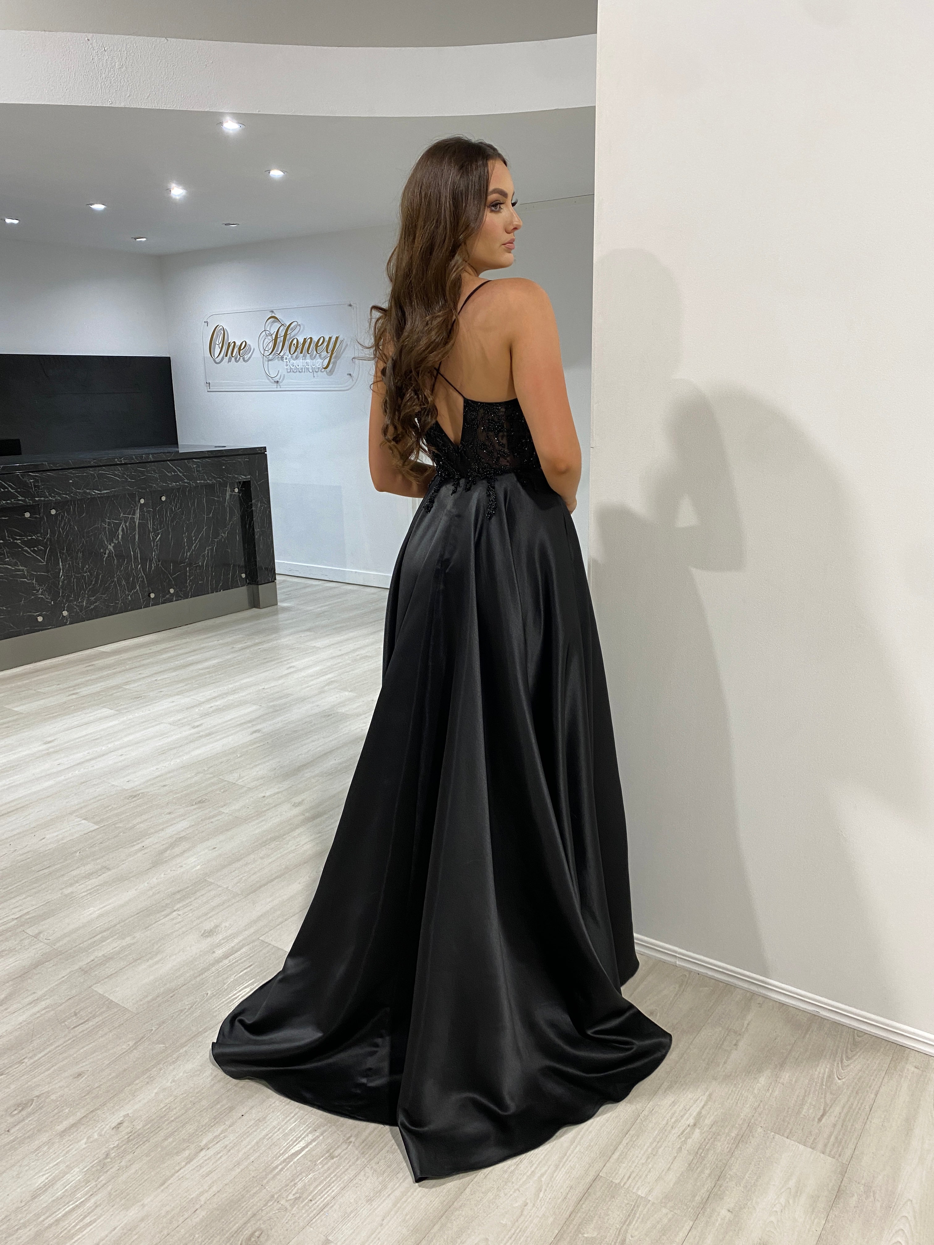 Black satin clearance a line dress