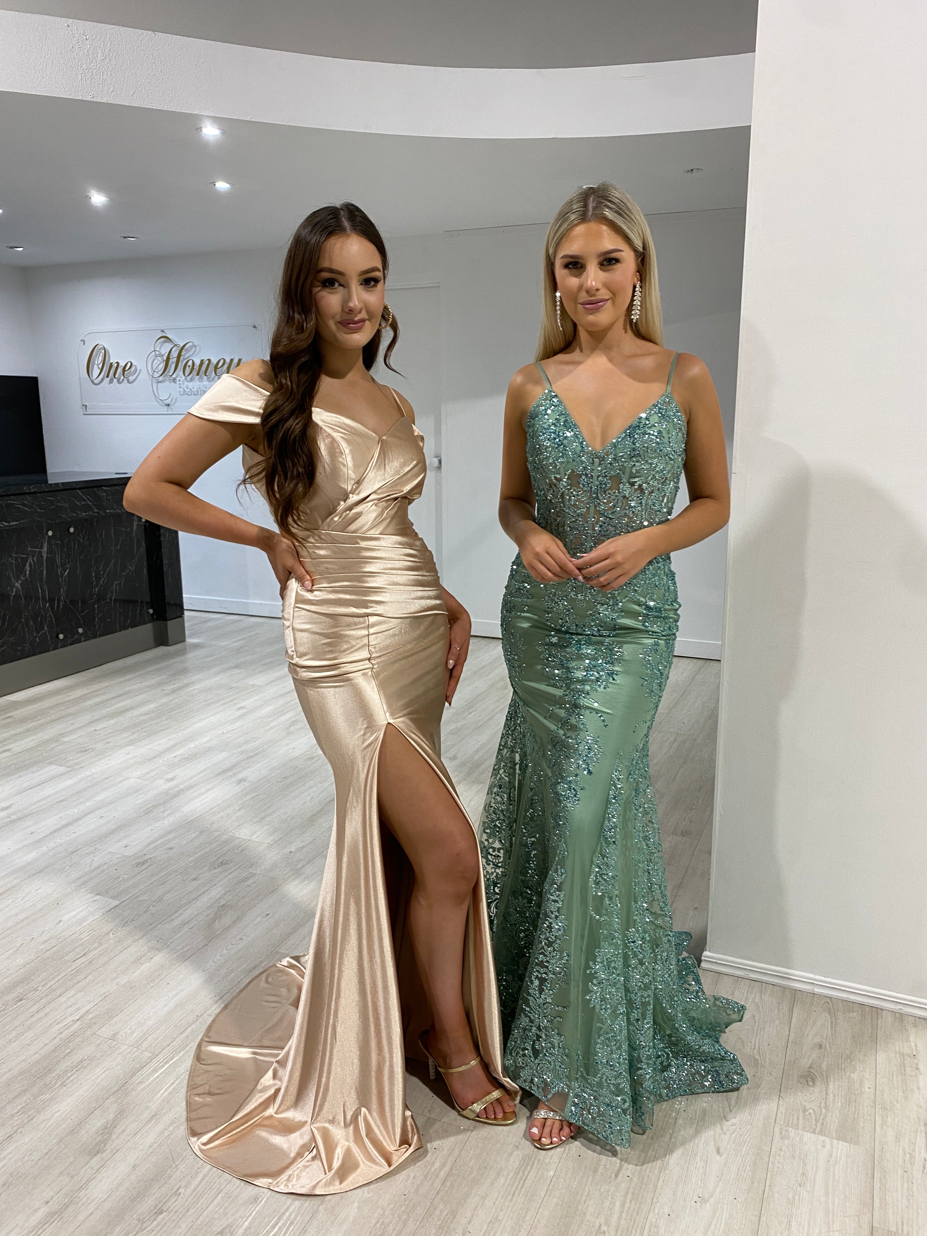 Champagne Satin Dresses Sequin Formal Mermaid Gowns at One Honey