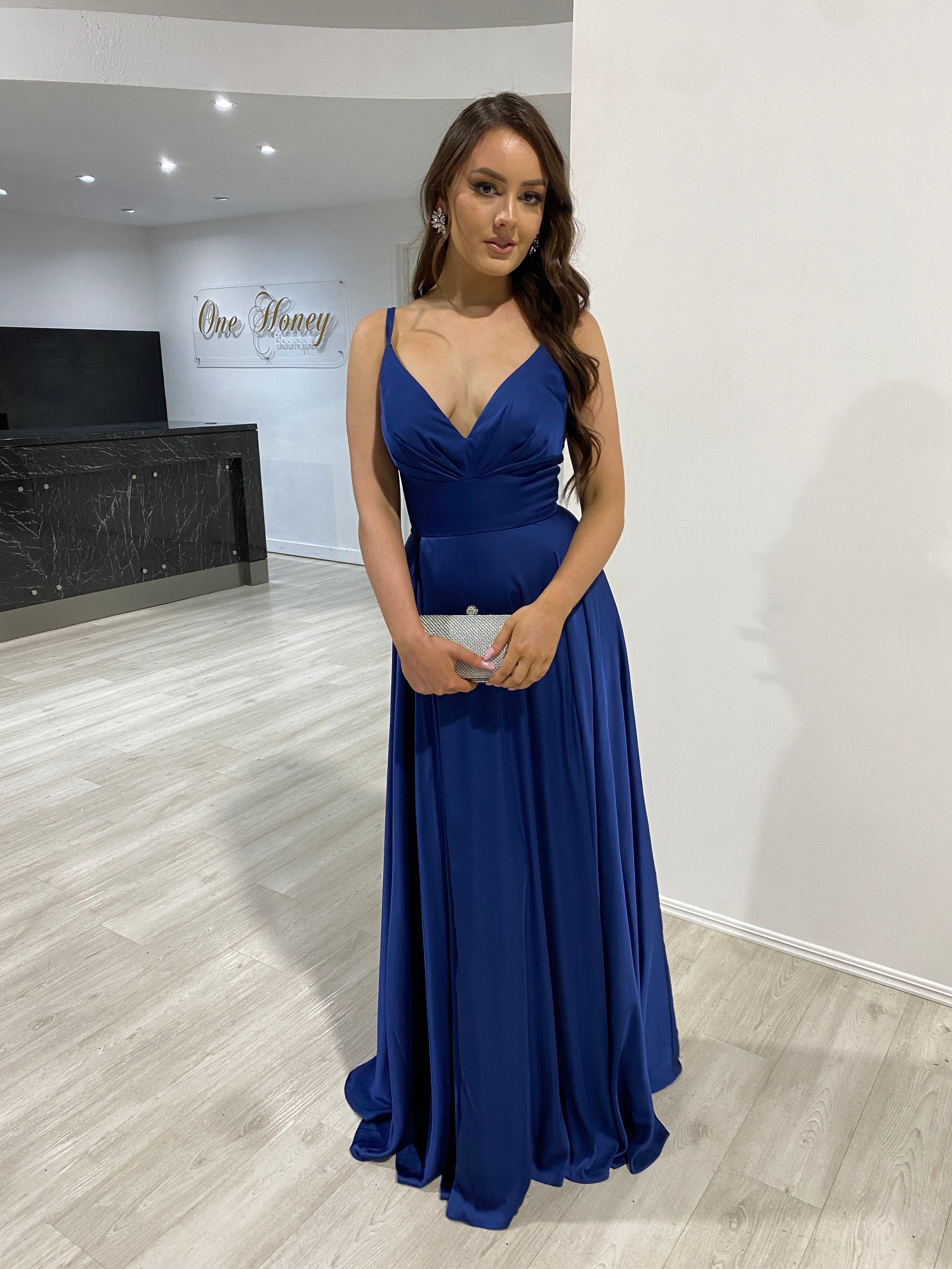 Navy silk prom dress sale