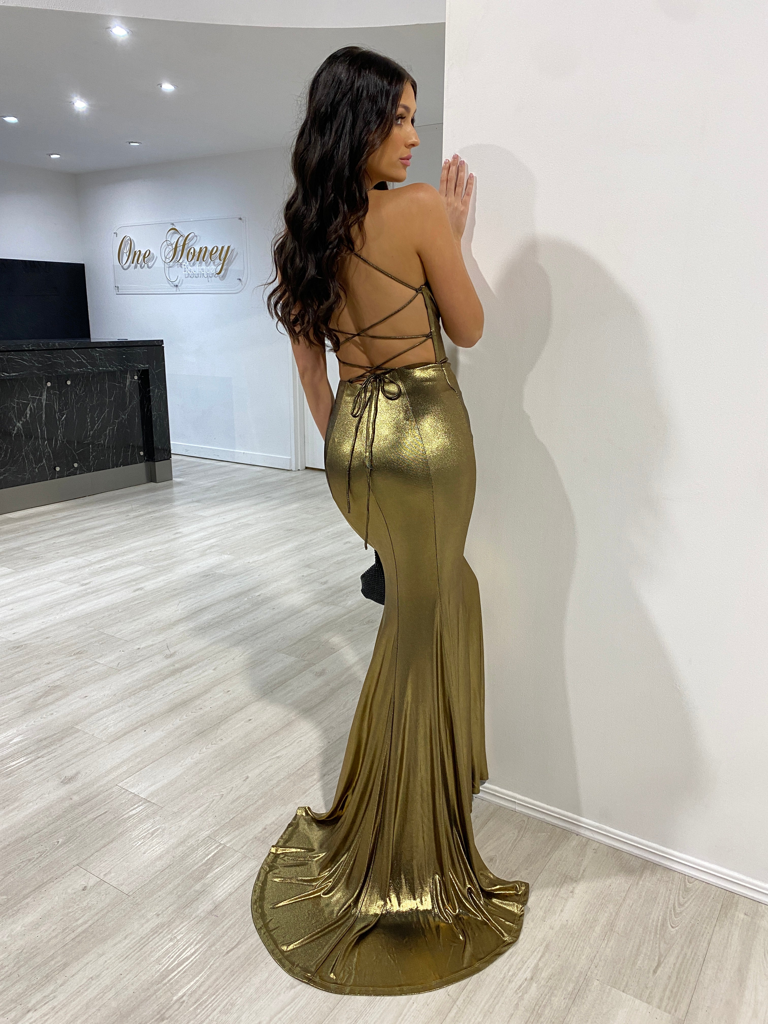 Gold lace sale evening gown