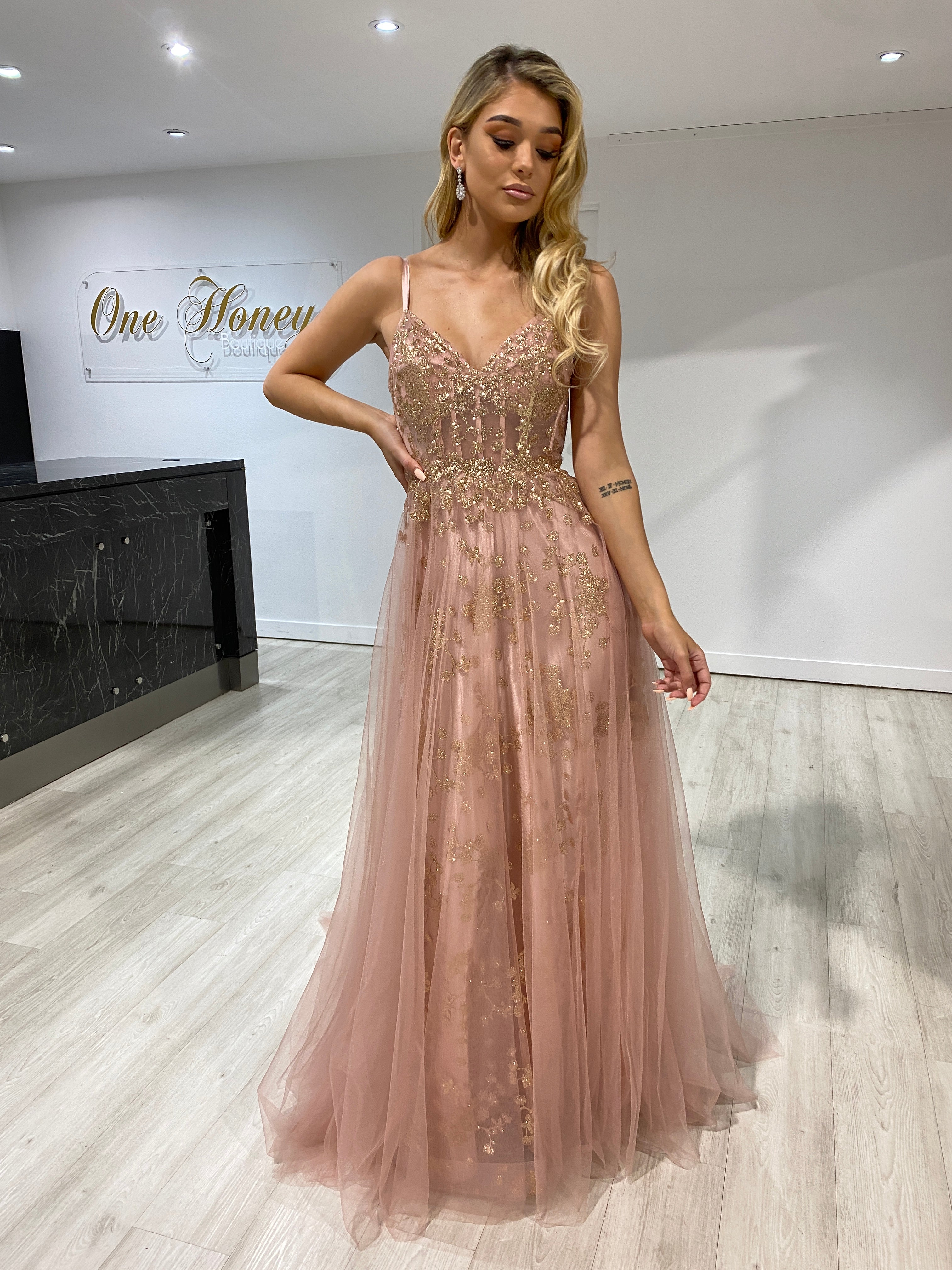 Gold glitter prom on sale dress