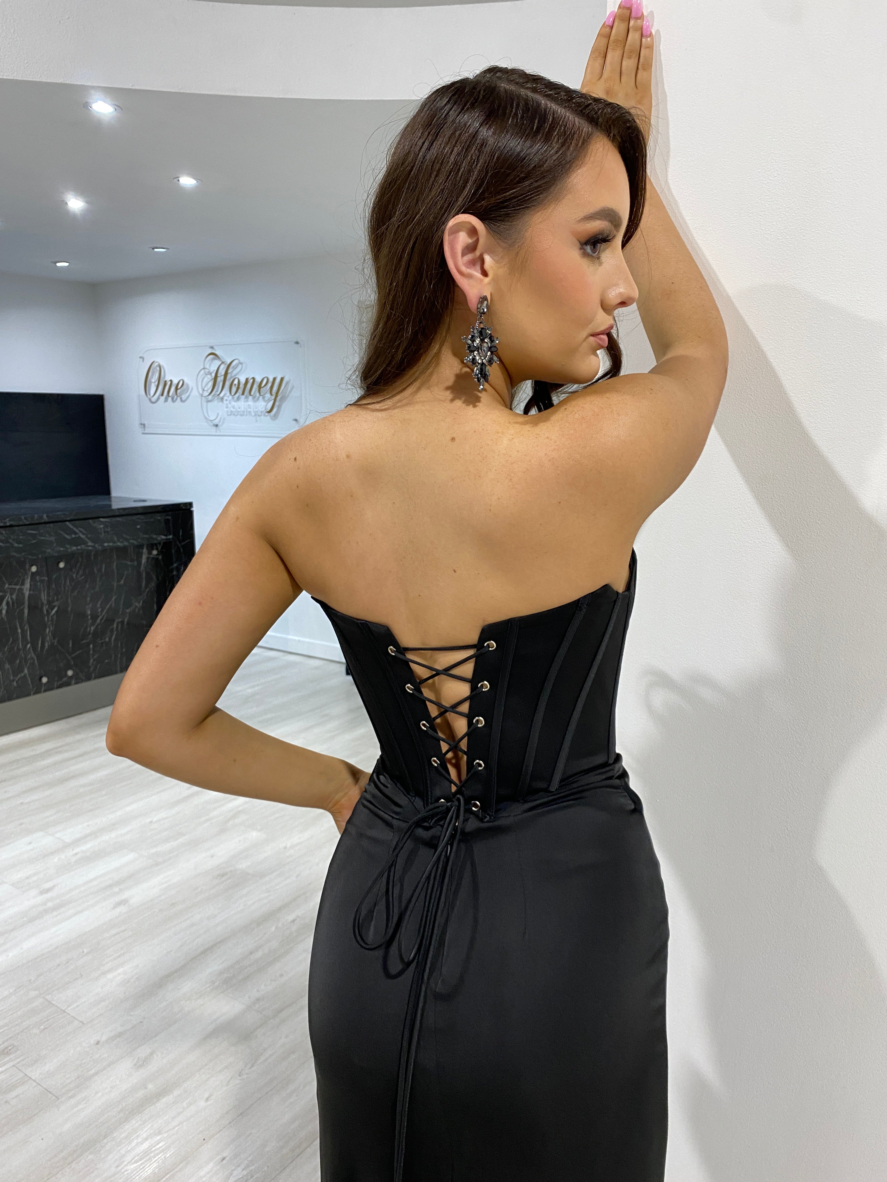 Honey Couture TYRA Black Corset Bustier Leg Split Formal Dress