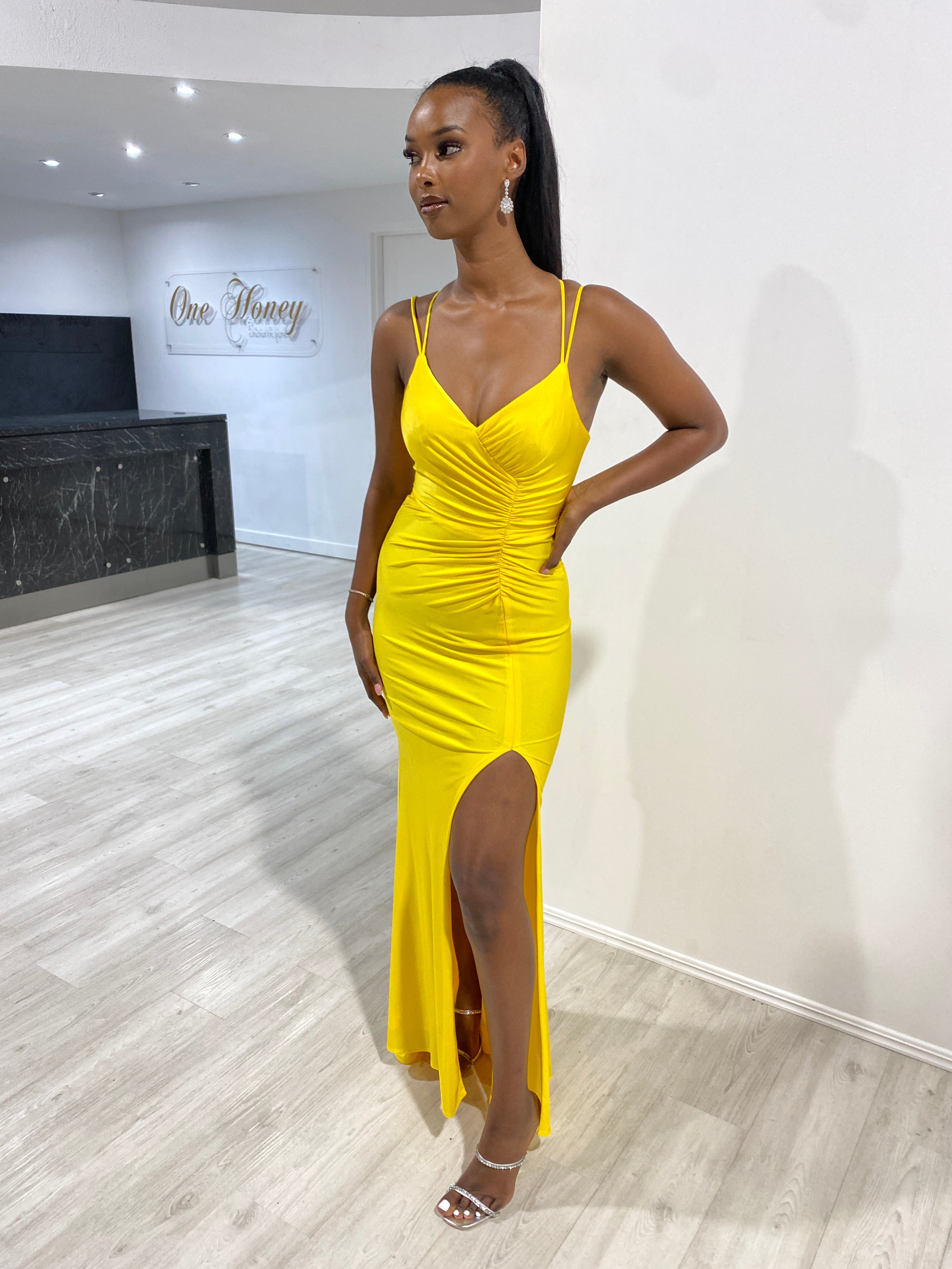 Neon yellow ruched dress hotsell