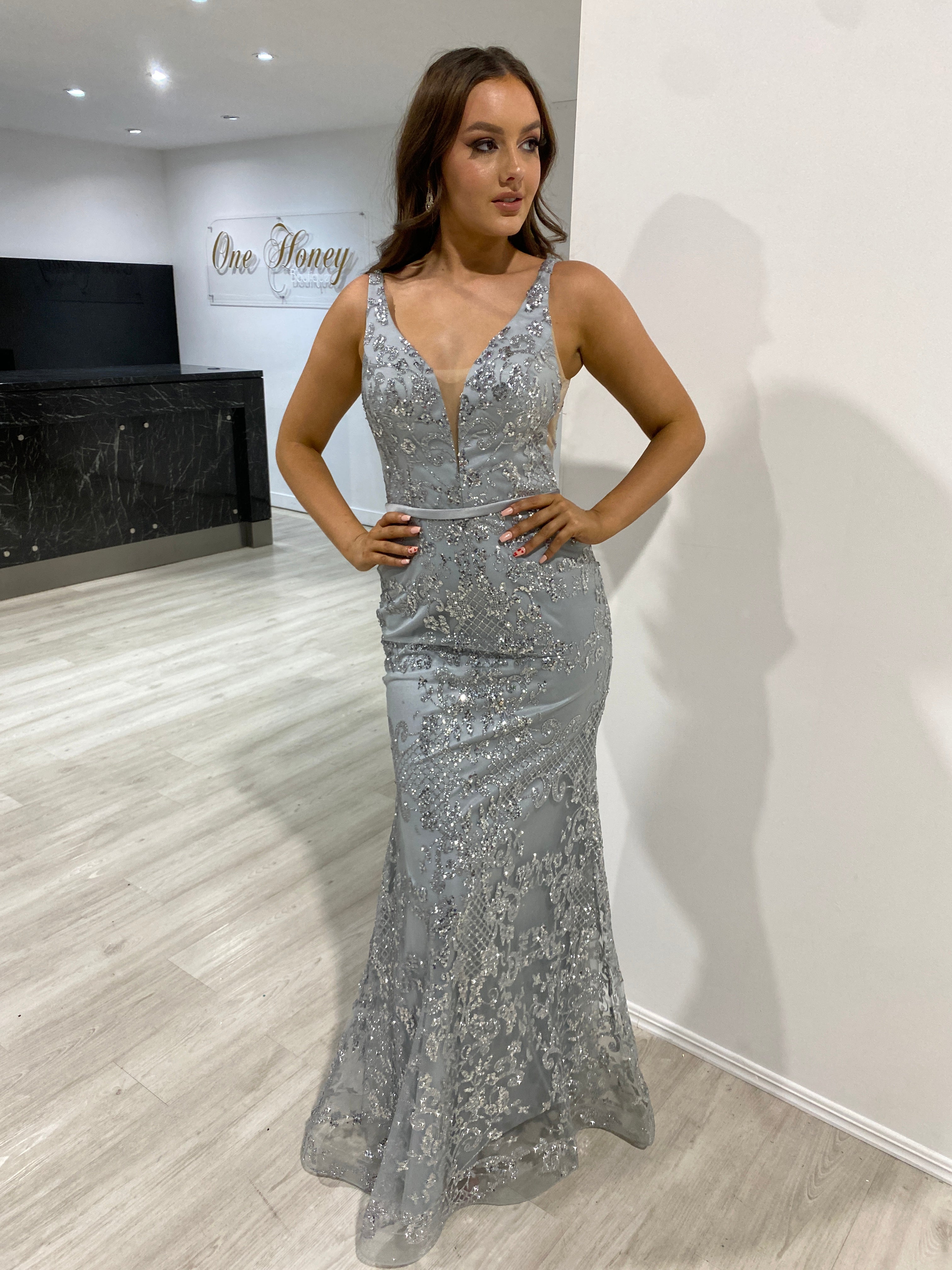 Silver fitted best sale prom dress