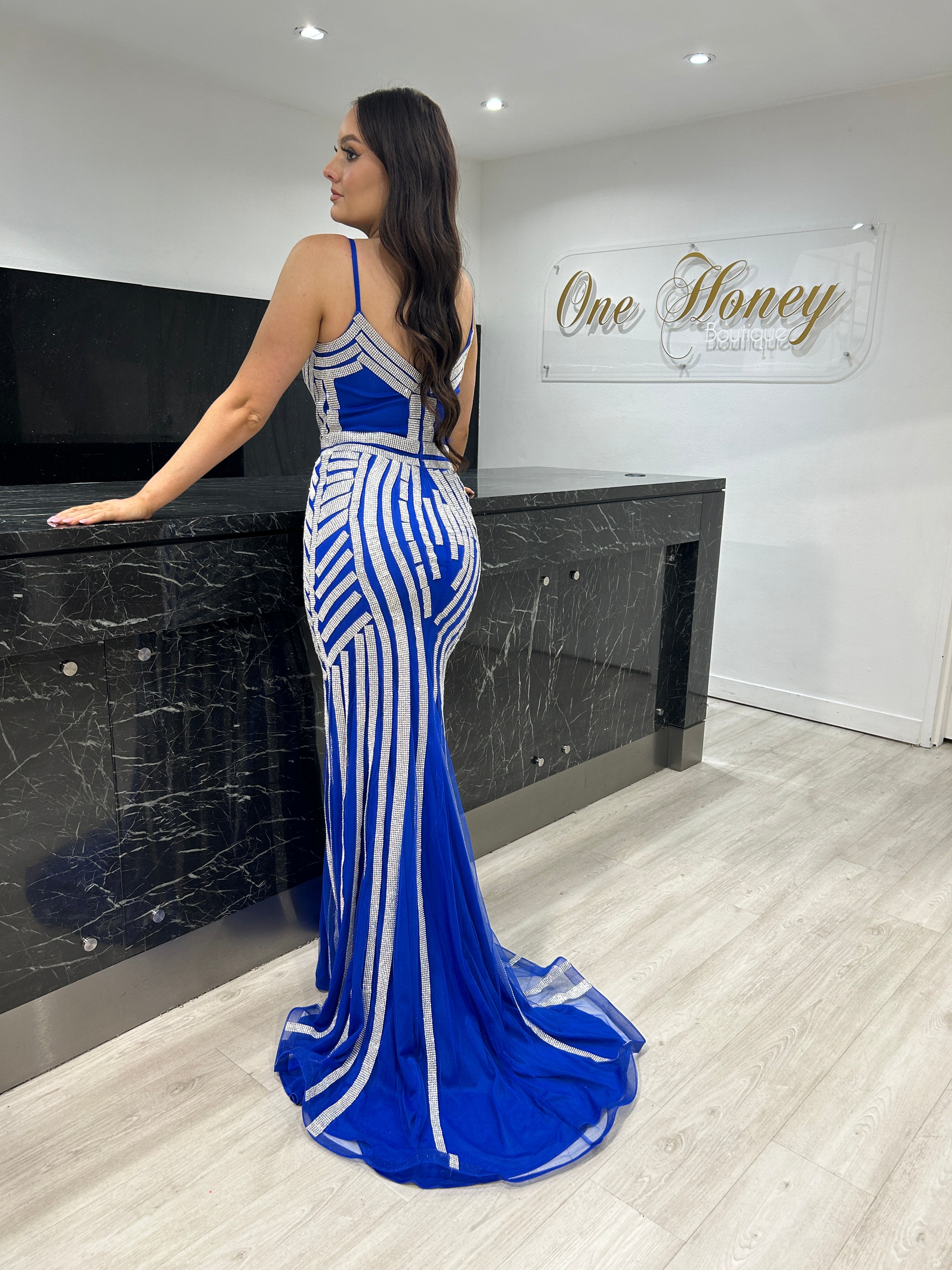 Honey Couture DIAMONDS Blue w Silver Sequin Mermaid Formal Gown Dress