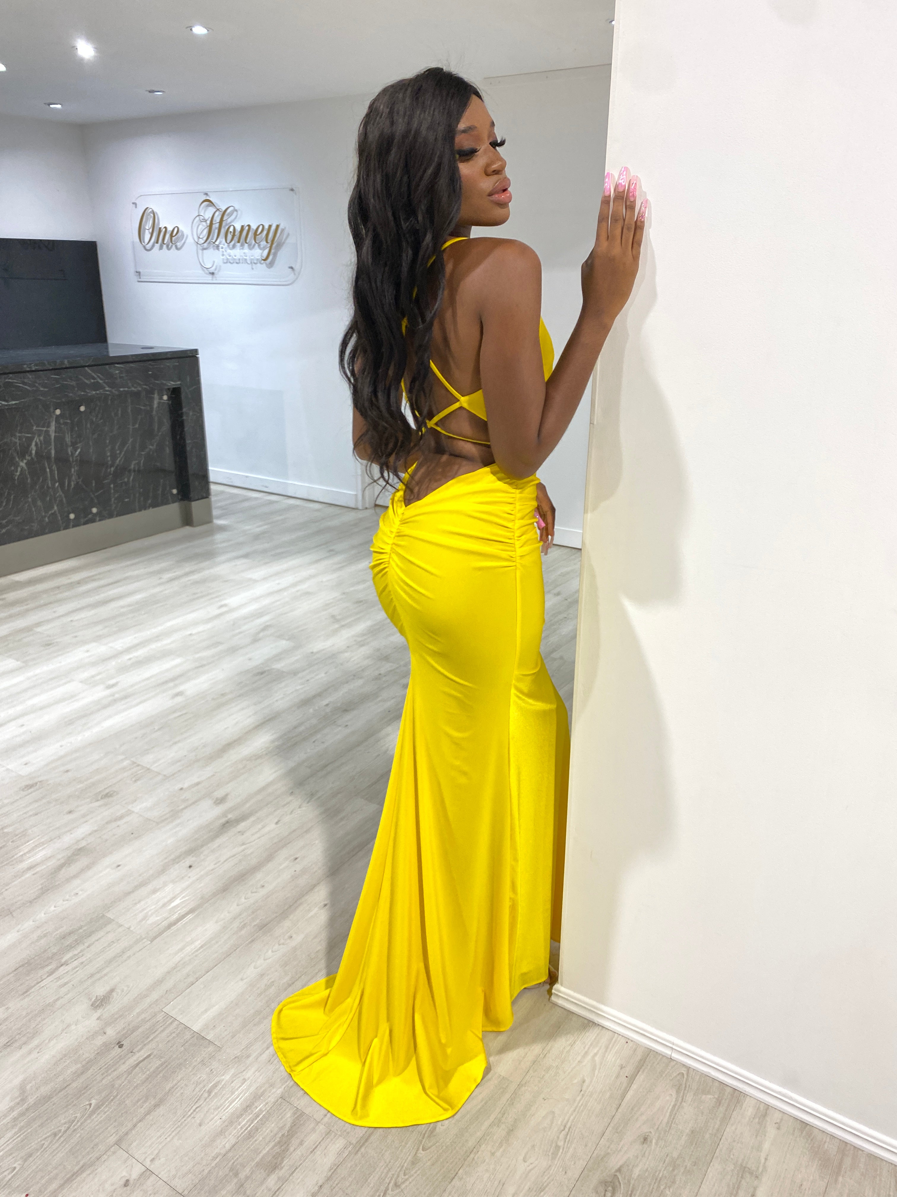 Neon yellow hotsell prom dress