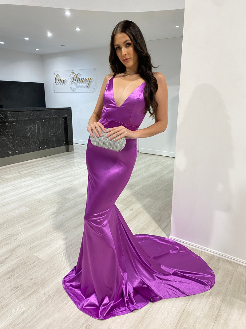 Honey Couture MILEE Violet Purple Low Back Mermaid Formal Dress – One Honey
