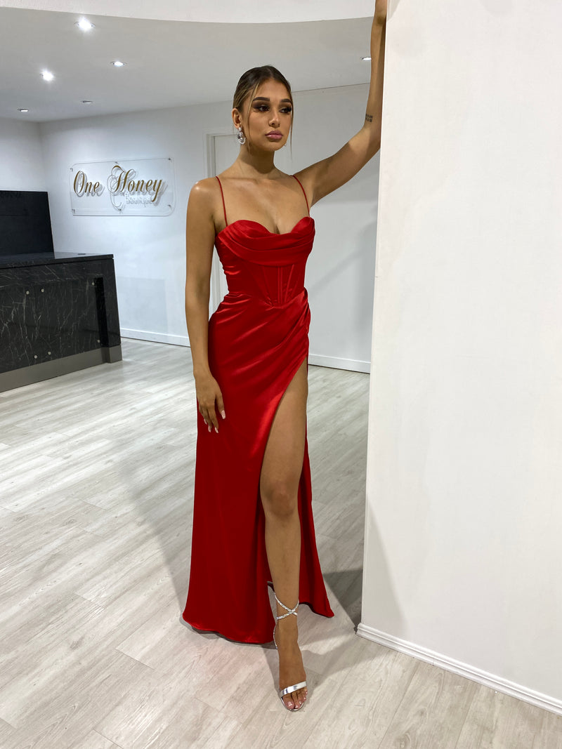 Honey Couture ZENDAYA Red Satin Corset Bustier Leg Split Formal Dress ...