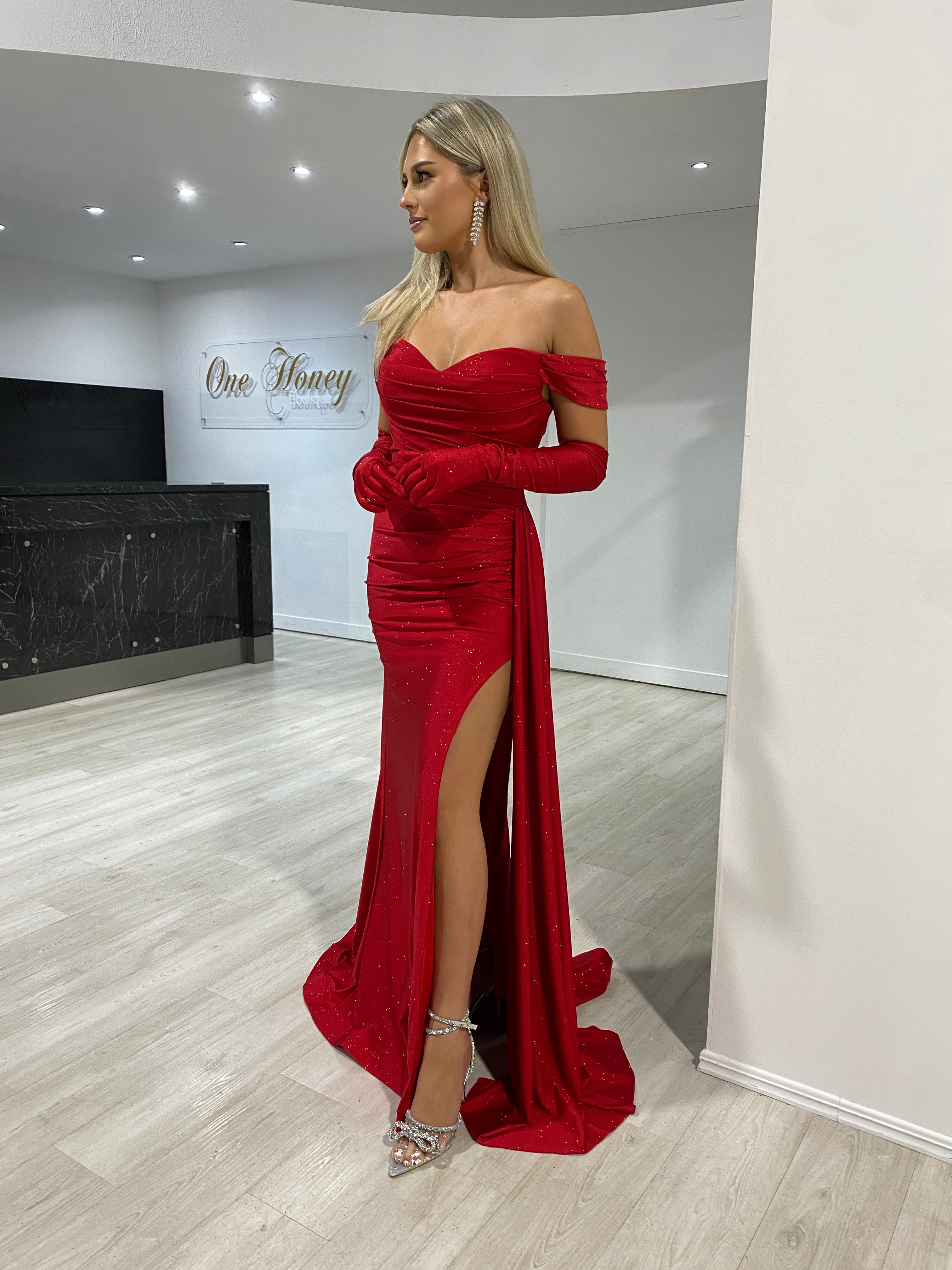 Red Gown with sequins work - Dress me Royal