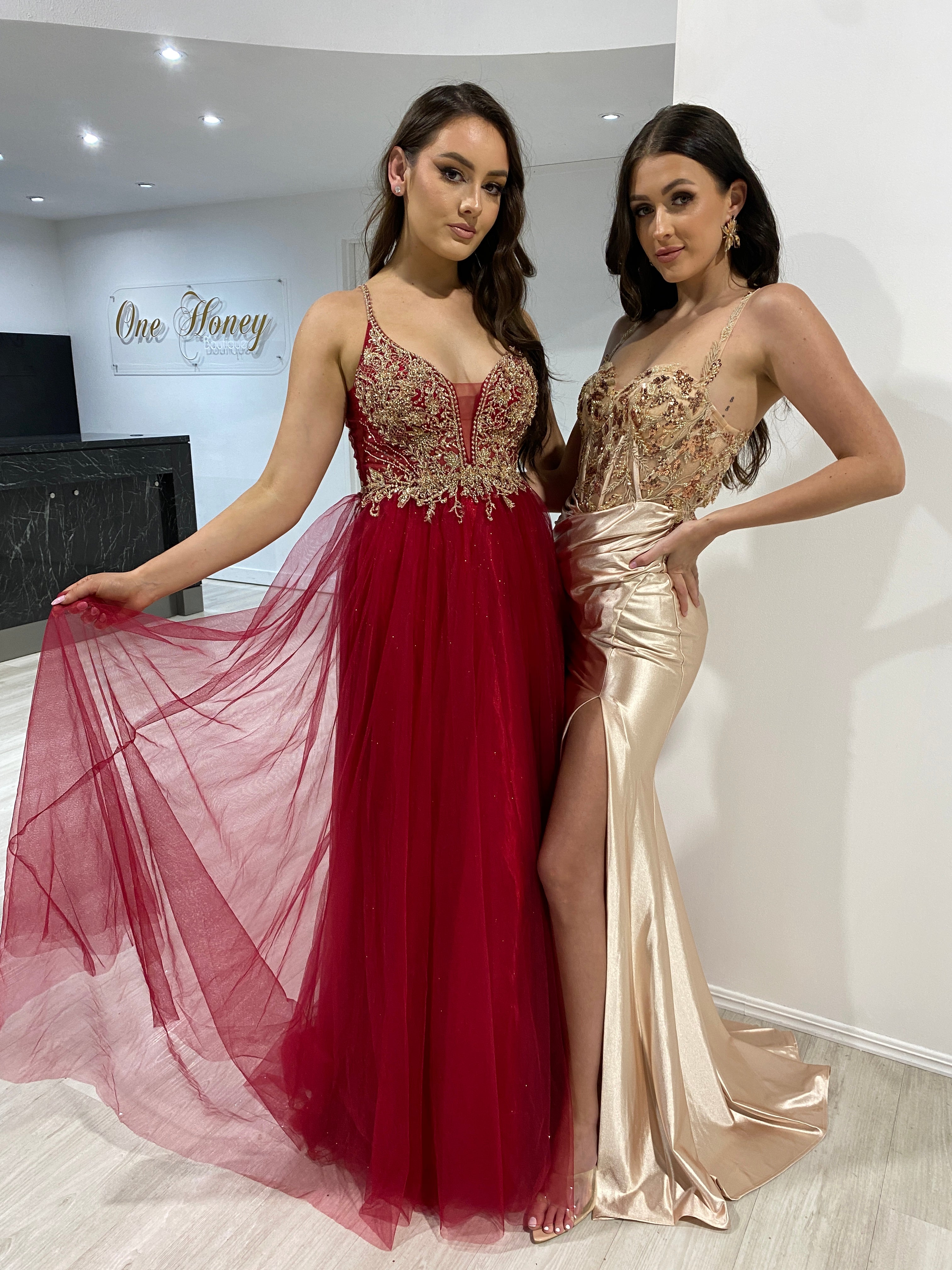 Burgundy and cheap gold prom