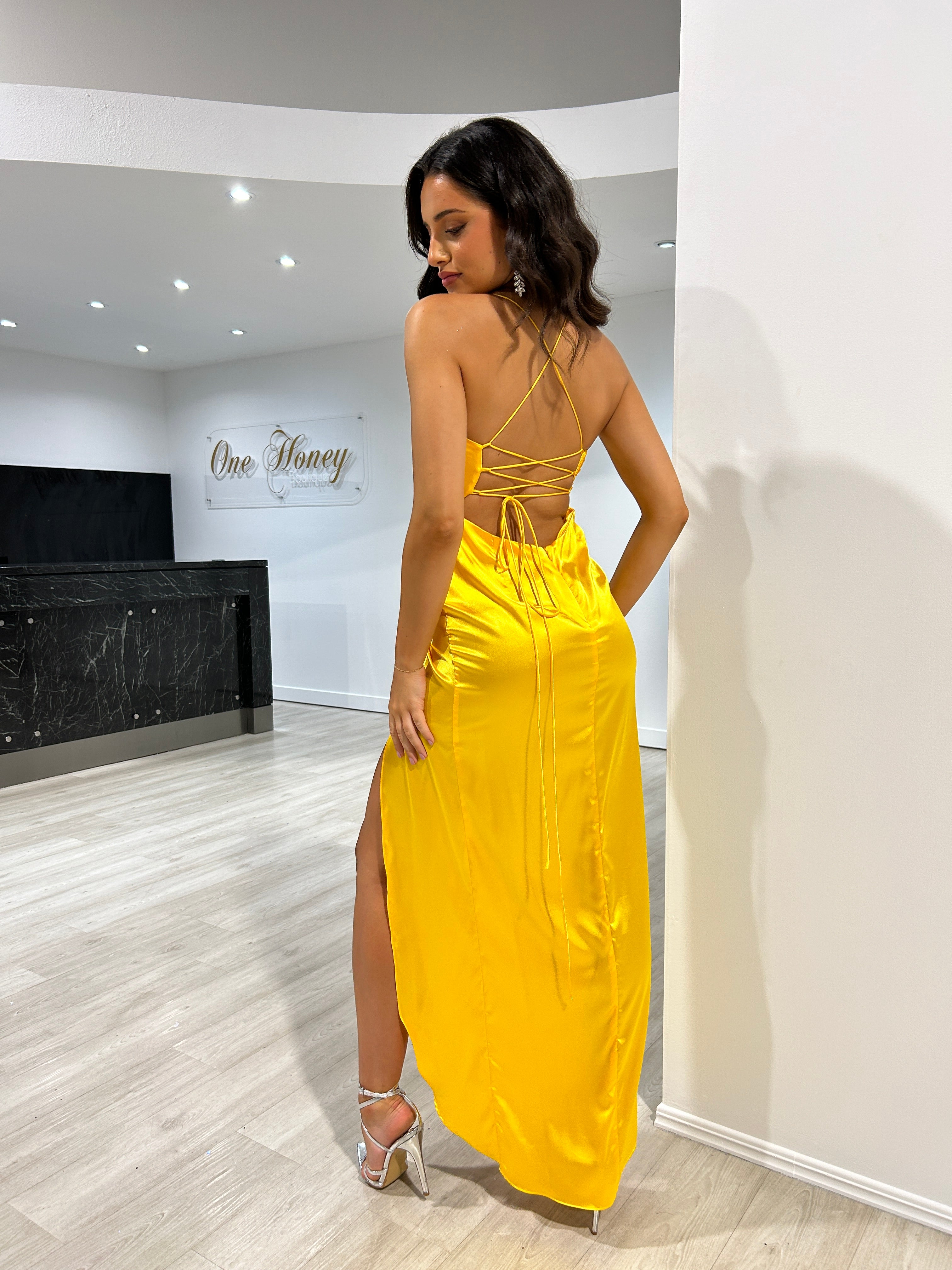 Yellow satin hot sale cowl neck dress