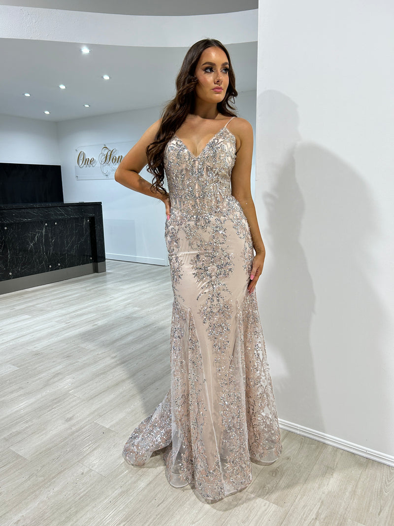 Honey Couture CAROLE Champagne Sequin Corset Mermaid Formal Gown Dress ...